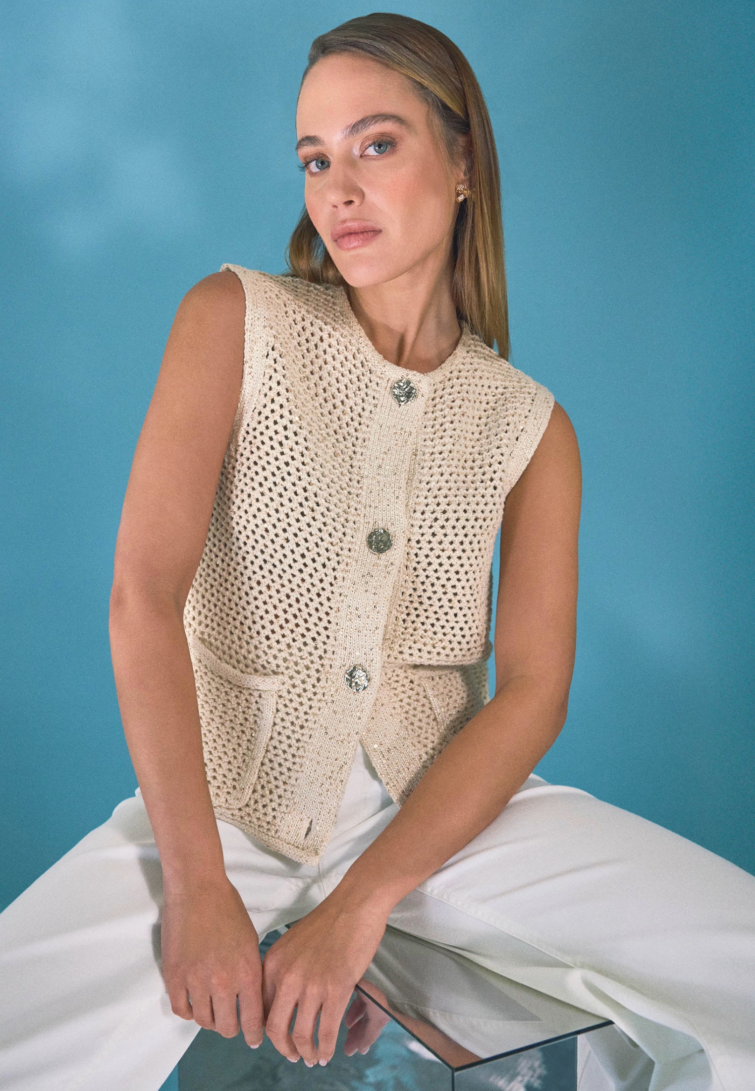 Zero Kurzarmpullover »Strickweste mit Glitzer«