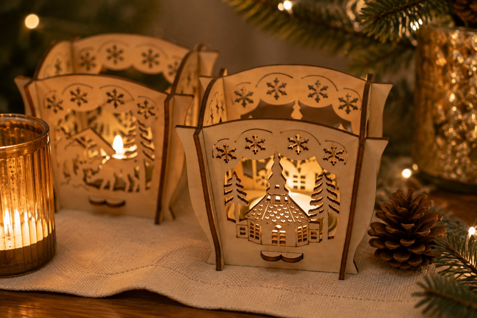 OTTO home Kerzenhalter »Holz, detailreiche Wintermotive, 2er-Set« Gratis-Hänger, Höhe 7,5 cm, detailreiche winterliche Motive