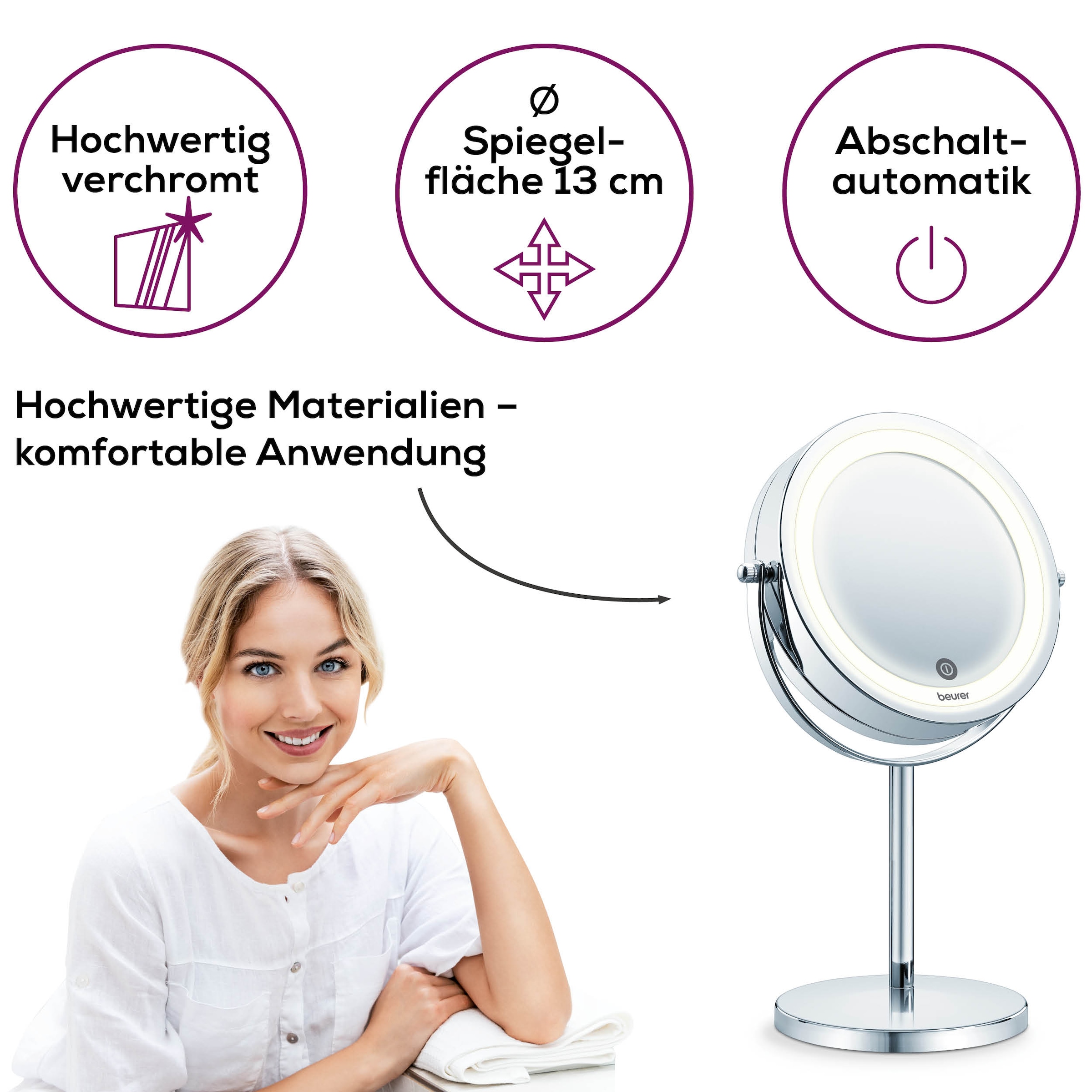 BEURER Kosmetikspiegel »BS 55 beleuchteter Kosmetikspiegel mit 7-facher Vergrößerung«, Beauty-Spiegel mit LED-Licht und Dimmfunktion, 2 Spiegelflächen