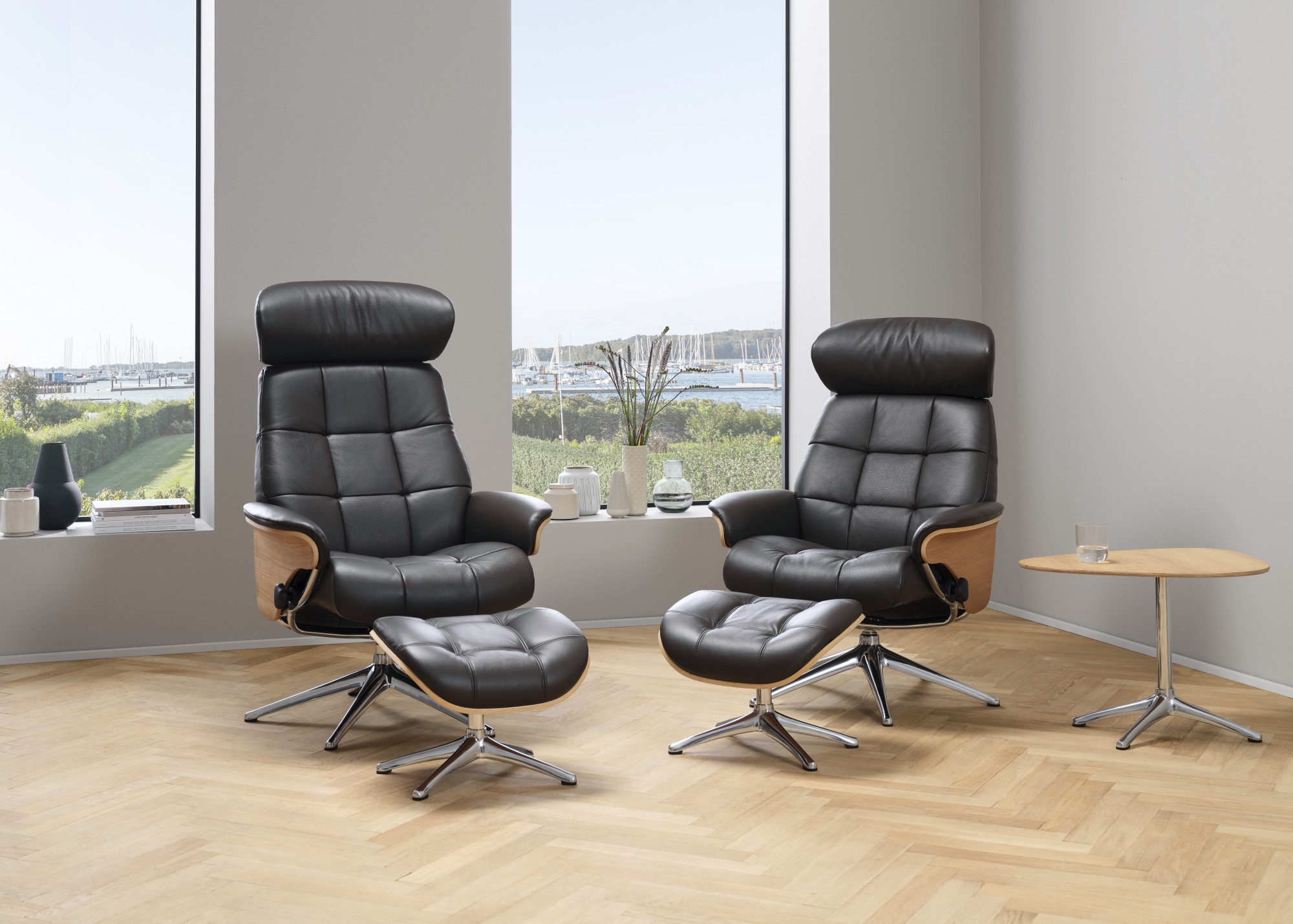FLEXLUX Relaxsessel »Skagen Funktionsessel, Polstersessel, Armlehne, TV-Fernsehsessel«, Rücken- und Kopfteilverstellung, Fuß Schwarz, Armlehne Eiche, Drehbar
