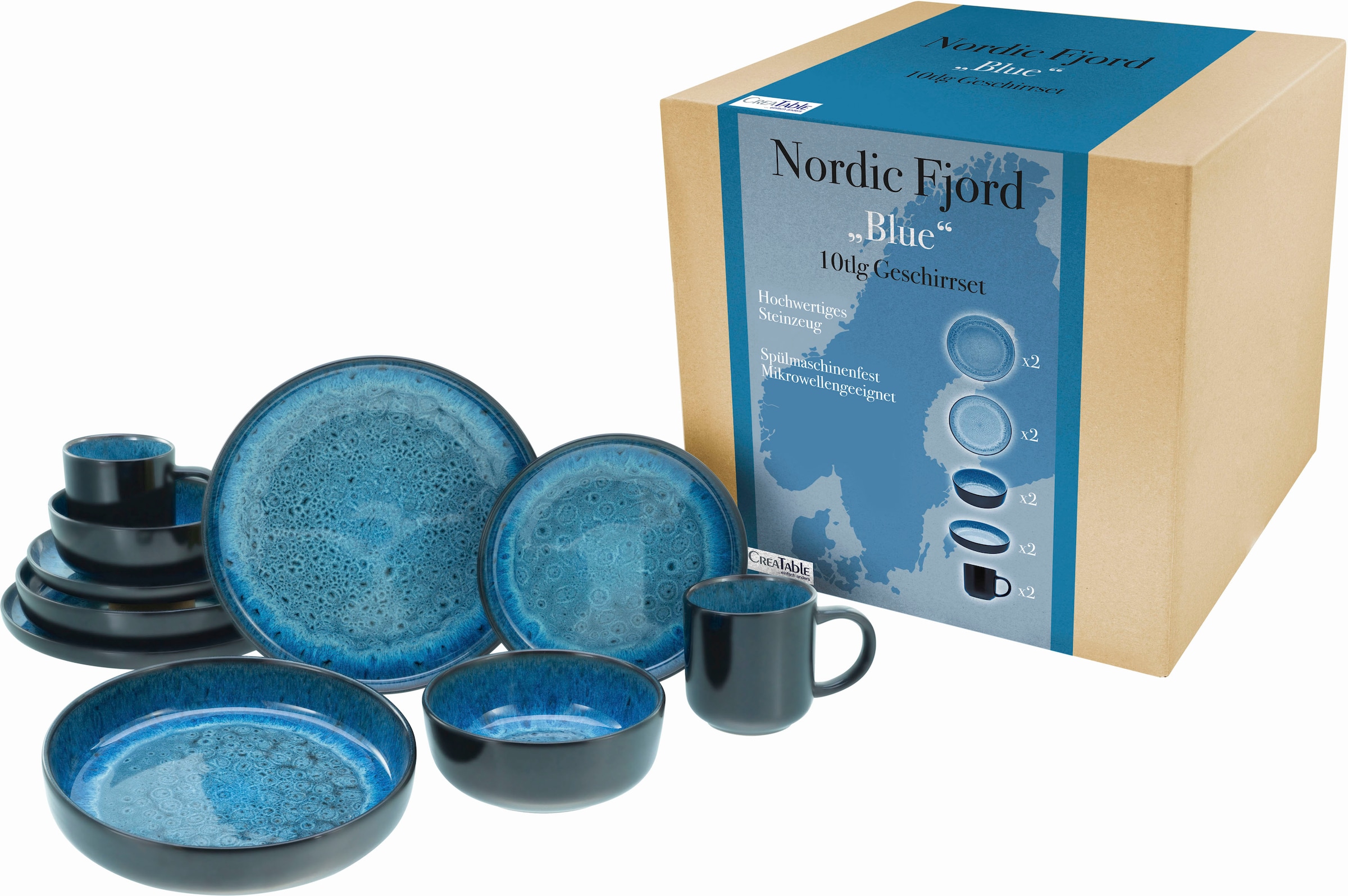 CreaTable Kombiservice "Nordic Fjord" je 2 Speiseteller, Suppenteller, Dessertteller, Schalen, Kaffeebecher