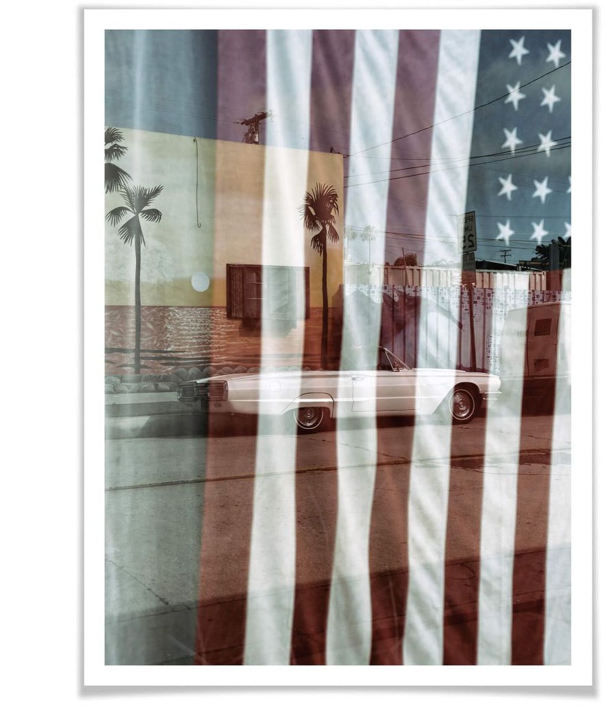 St.), auf (1 Wandposter Bild, Wandbild, Poster bestellen Rechnung Amerika »Flagge USA«, Autos, Poster, Reflection Wall-Art