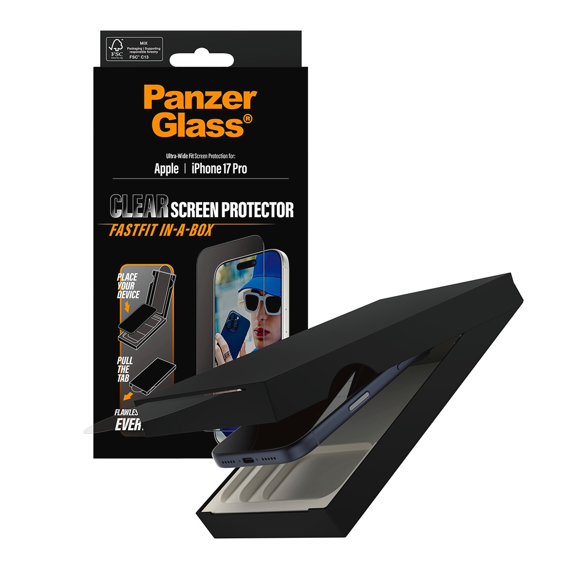 CARE by PanzerGlass Displayschutzglas »Ultra-Wide Fit Screen Protector FASTFIT IN-A-BOX« für Apple iPhone 17 Pro Displayschutzfolie, Schutzfolie, Bildschirmschutz, kratz- & stoßfest