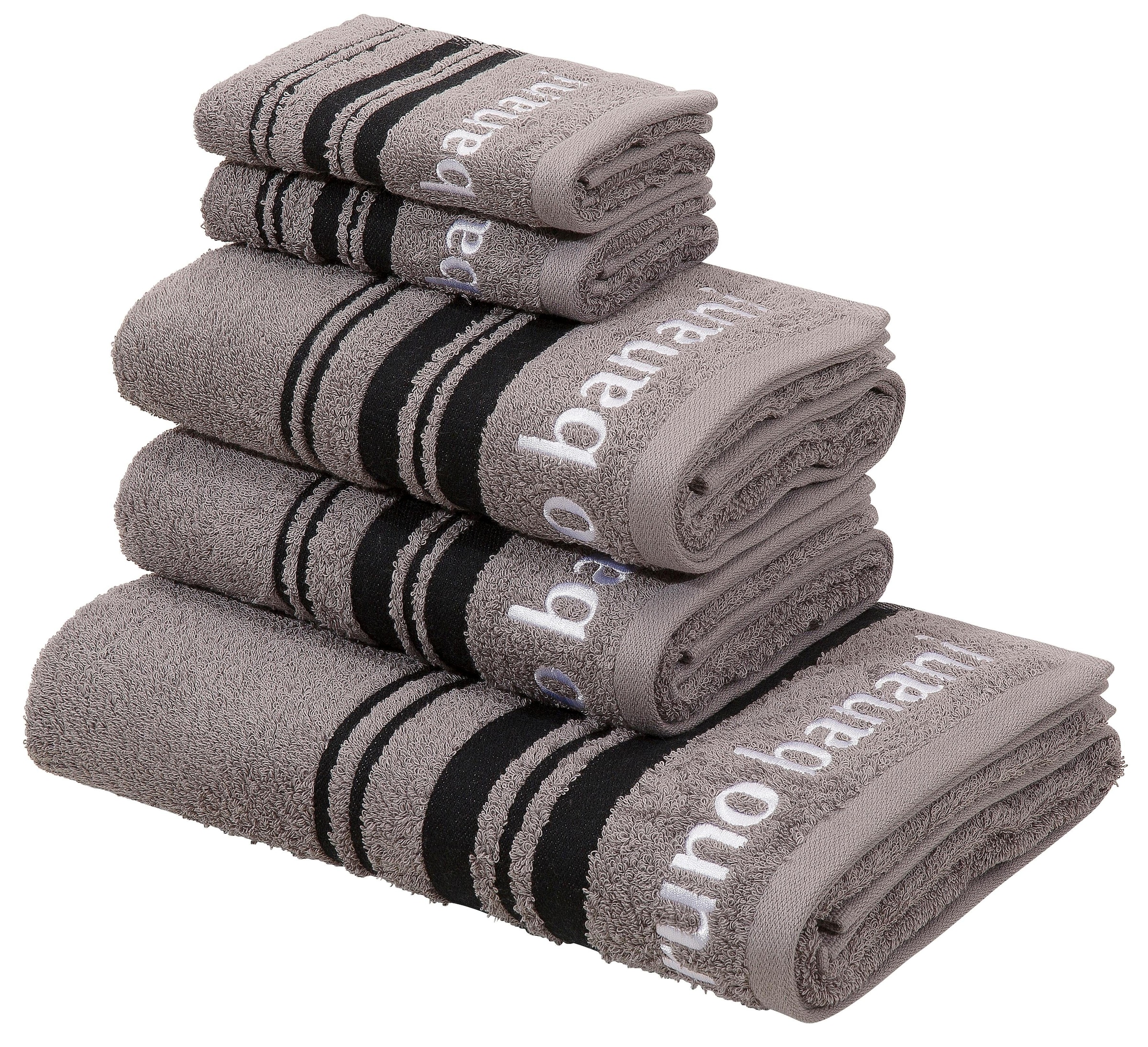 Bruno Banani Handtuch Set "Daniel, 1 Duschtuch 70x140, 2 Handtücher 50x100, 2 Gästetücher 30x50" Set 5 Walkfrottee Streifen-Bordüre & Markenlogo, weich, 100% Baumwolle