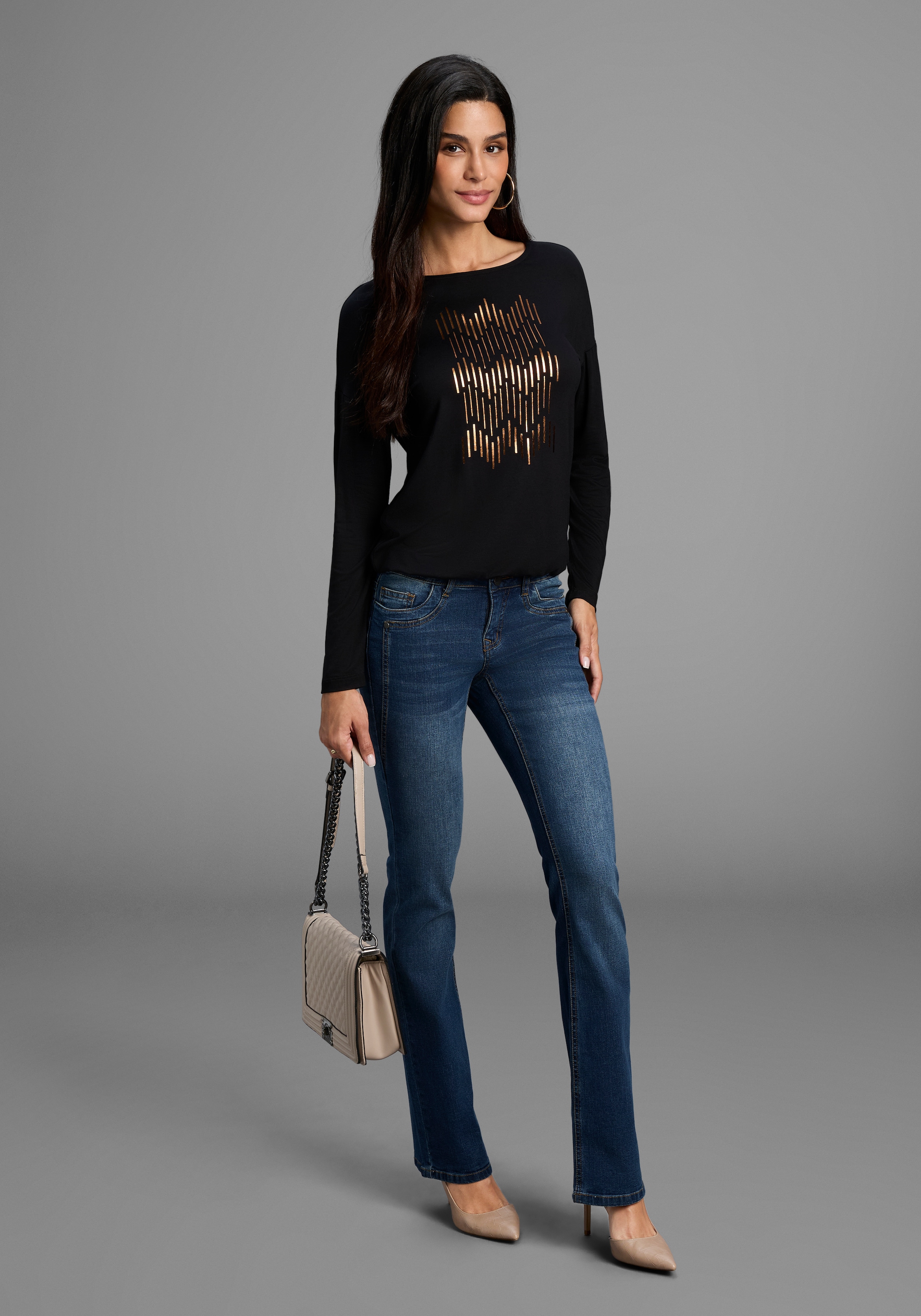 Arizona Bootcut-Jeans »mit Keileinsätzen«, ausgestellte Beinform, niedrige Leibhöhe, elastisches Material