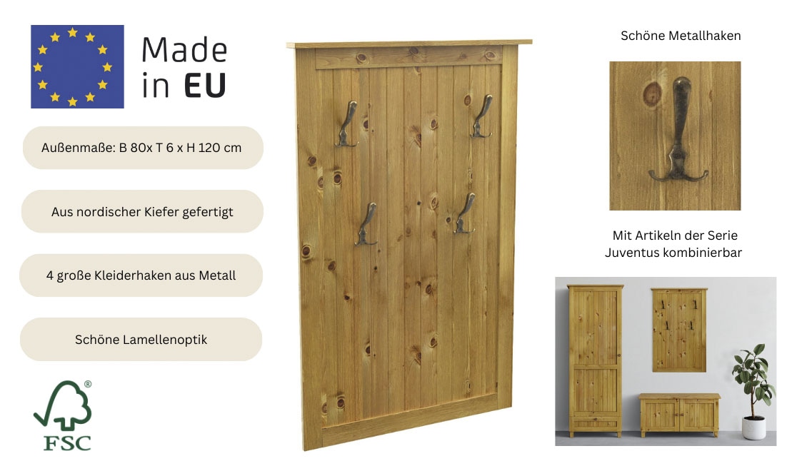 Home affaire Garderobenpaneel »Juventus« 1 Stk. tlg. aus massiver Kiefer, 4 Doppelhaken