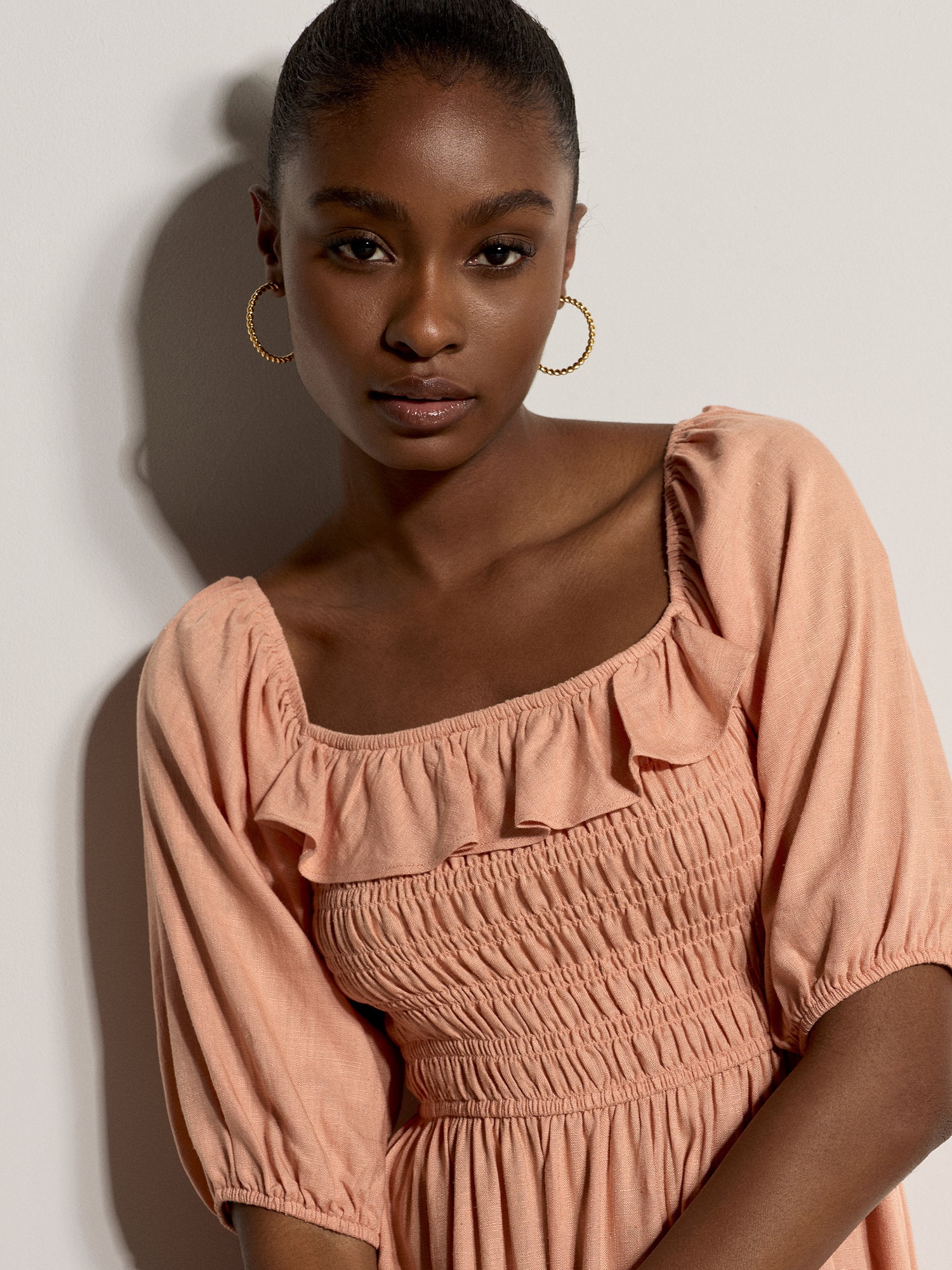 Apricot Maxikleid »Langes Kleid mit Bardot-Ausschnitt« mit Raffungen
