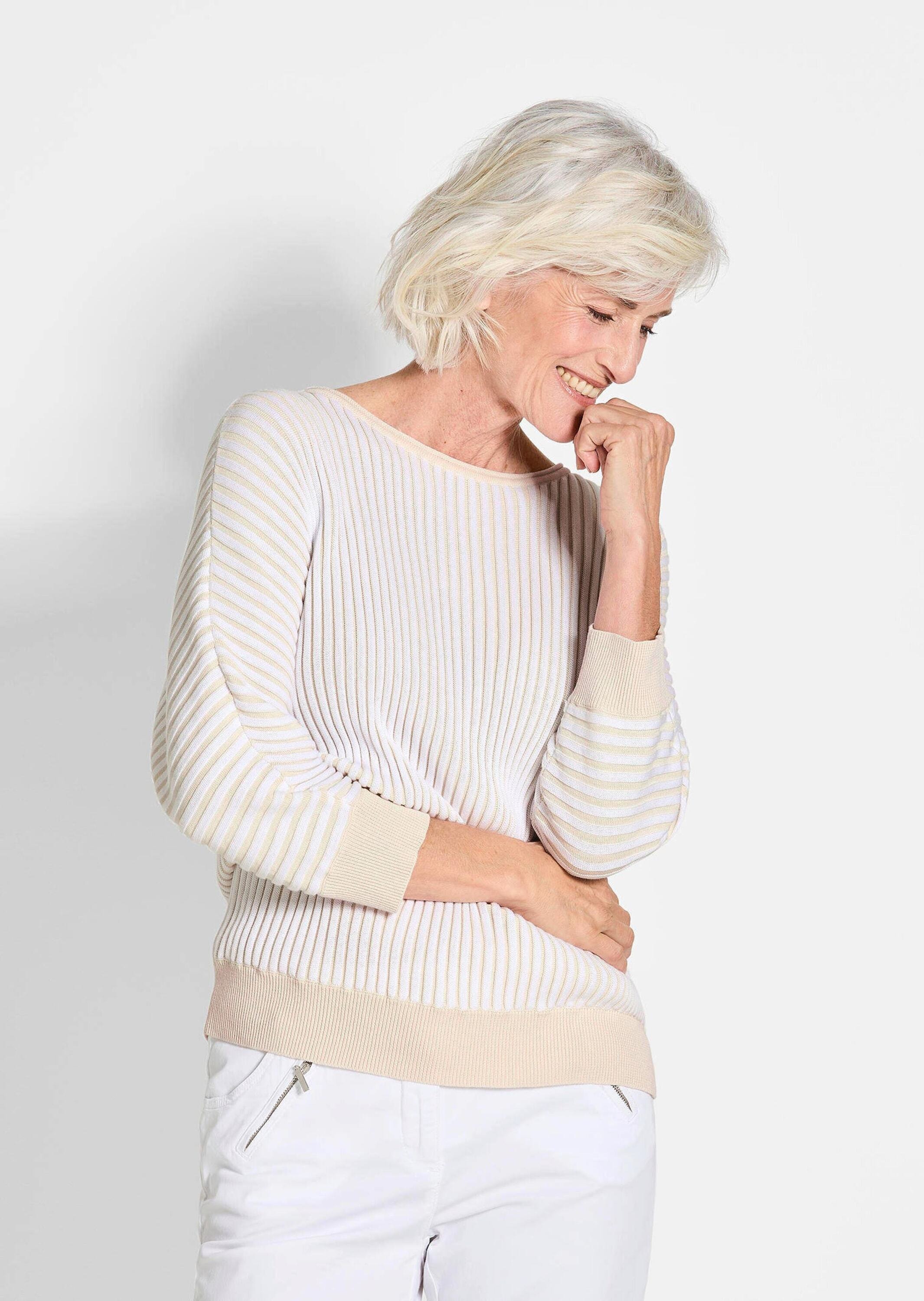 GOLDNER Rundhalspullover »Kurzgröße Baumwollmix mit Fledermausärmeln und Rippstruktur«