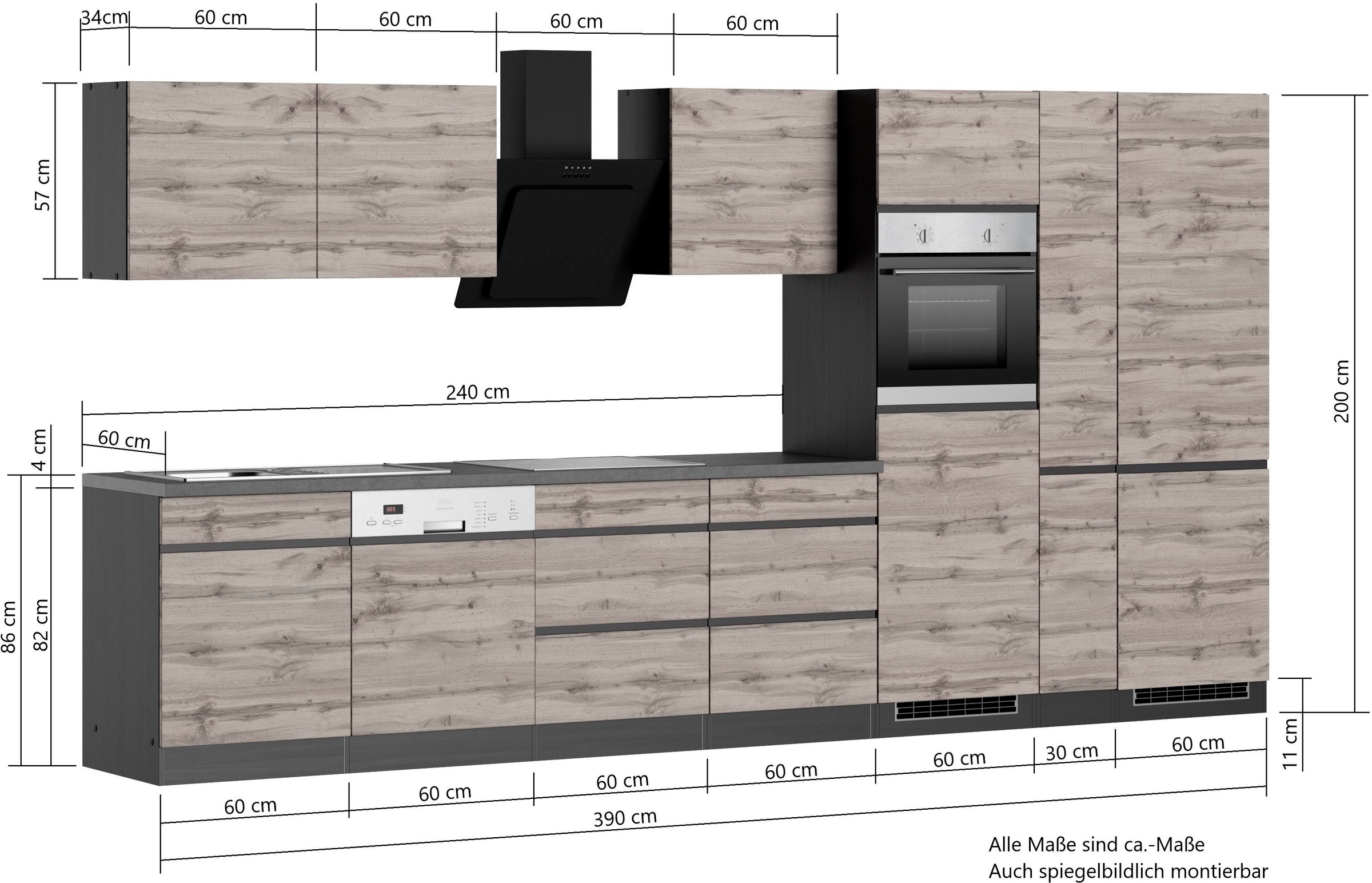 KOCHSTATION Küchenzeile »KS-Riesa«, Stellbreite 390 cm, wahlweise mit Induktionskochfeld