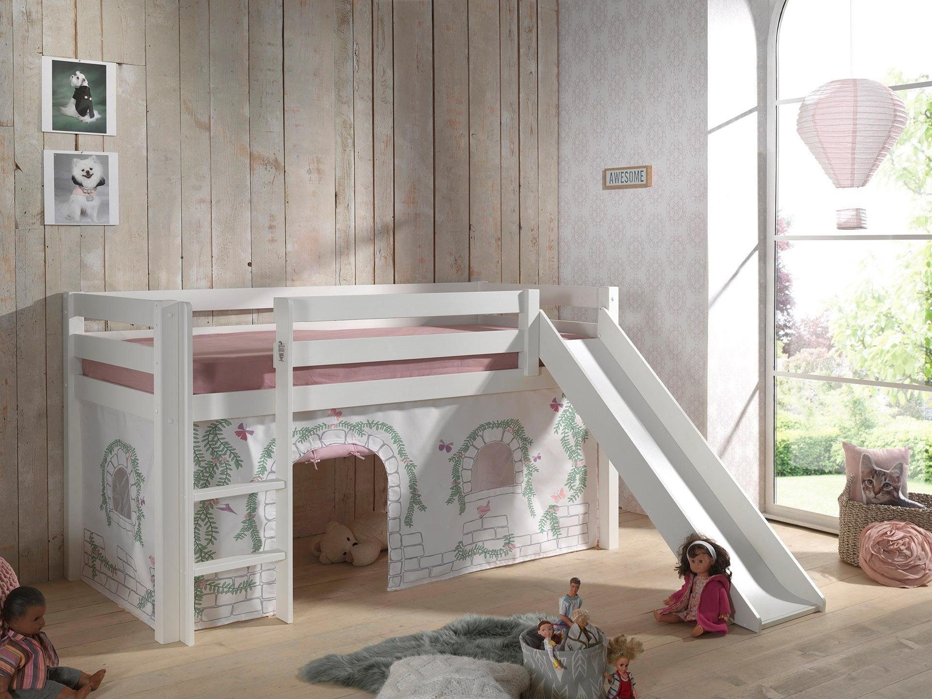 Vipack Hochbett »Pino«, (Made in Europe), Massivholz, Textil-Set "Birdy", wahlweise mit Rutsche und Bett-Tunnel