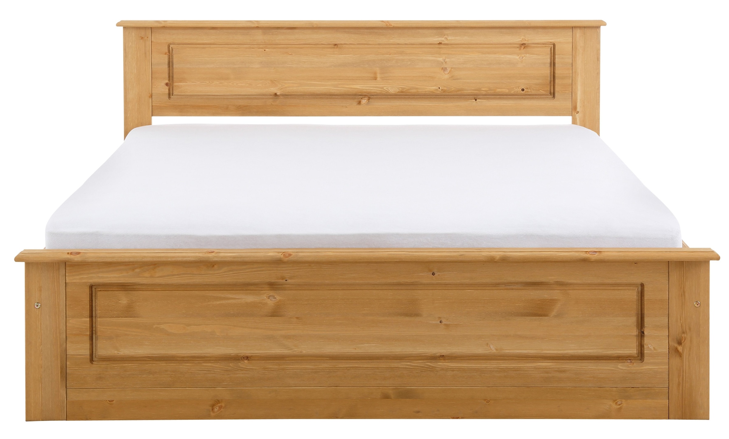 Home affaire Massivholzbett »Madrid, Landhausstil, hohe Belastbarkeit!«, (Breite/Belastbarkeit 180cm/220 KG, 160cm/200 KG, 90cm/=120 KG), aus FSC®-zertifizierter Kiefer, INKLUSIVE Rollrost, Kassettenoptik