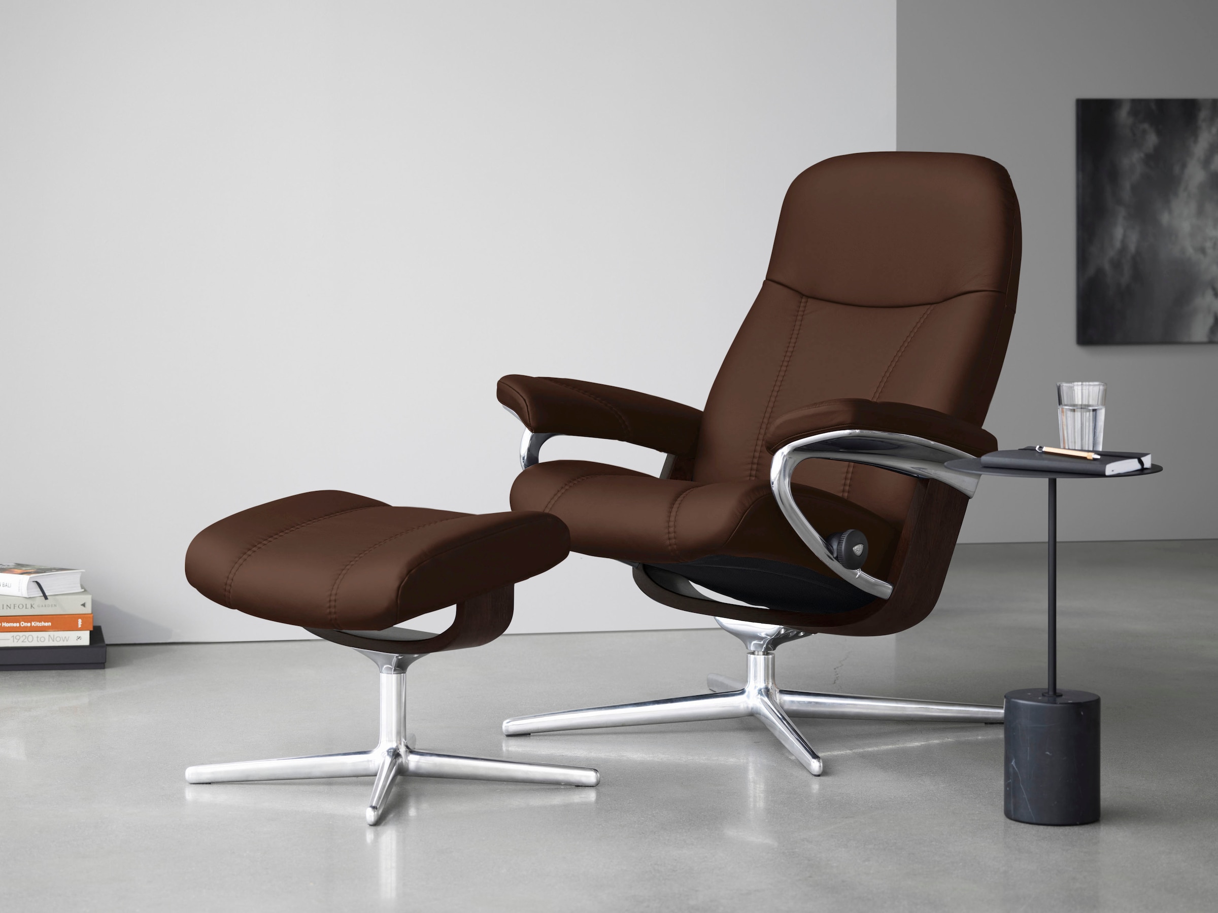 Stressless® Relaxsessel »Consul« Set, Relaxsessel mit Hocker,  mit Hocker, mit Cross Base, Größe S, M & L, Holzakzent Braun