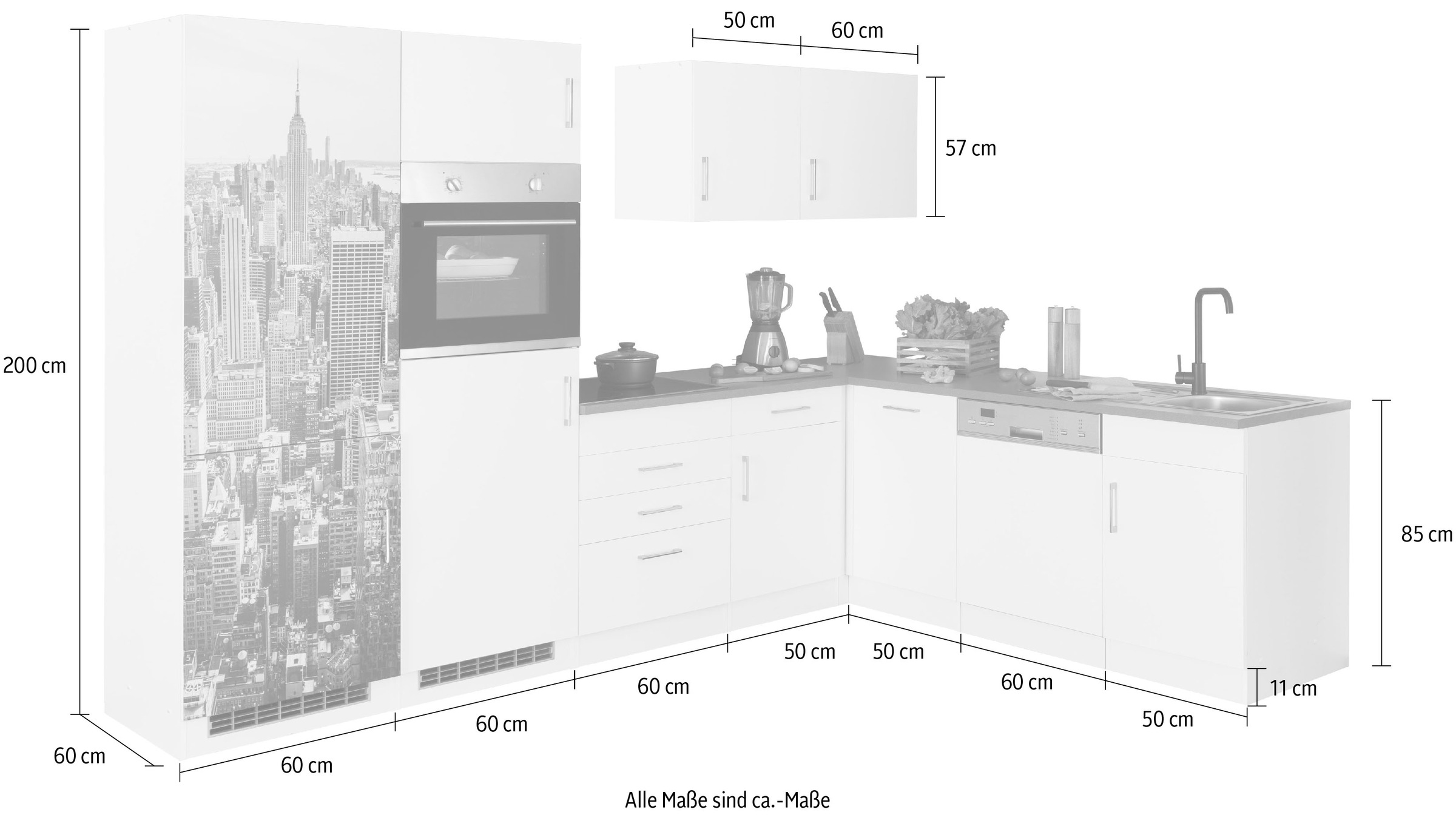 KOCHSTATION Küchenzeile »KS-Paris – Küchen mit einzigartigen Fotomotiven auf den Fronten« ohne E-Geräte, Stellbreite 290/220 cm
