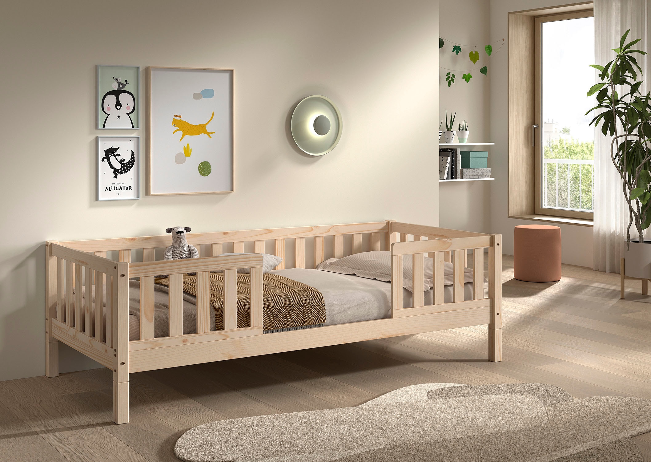 Vipack Kinderbett »Dallas, massiv Bett, Rausfallschutz, umbaubar vom Boden- zum Daybett« inkl. Rolllattenrost und Sprossenumrandung, 90 oder 140x200 cm breit,  stabil und standfest gebaut, wahlweise Kiefer massiv natur oder weiß