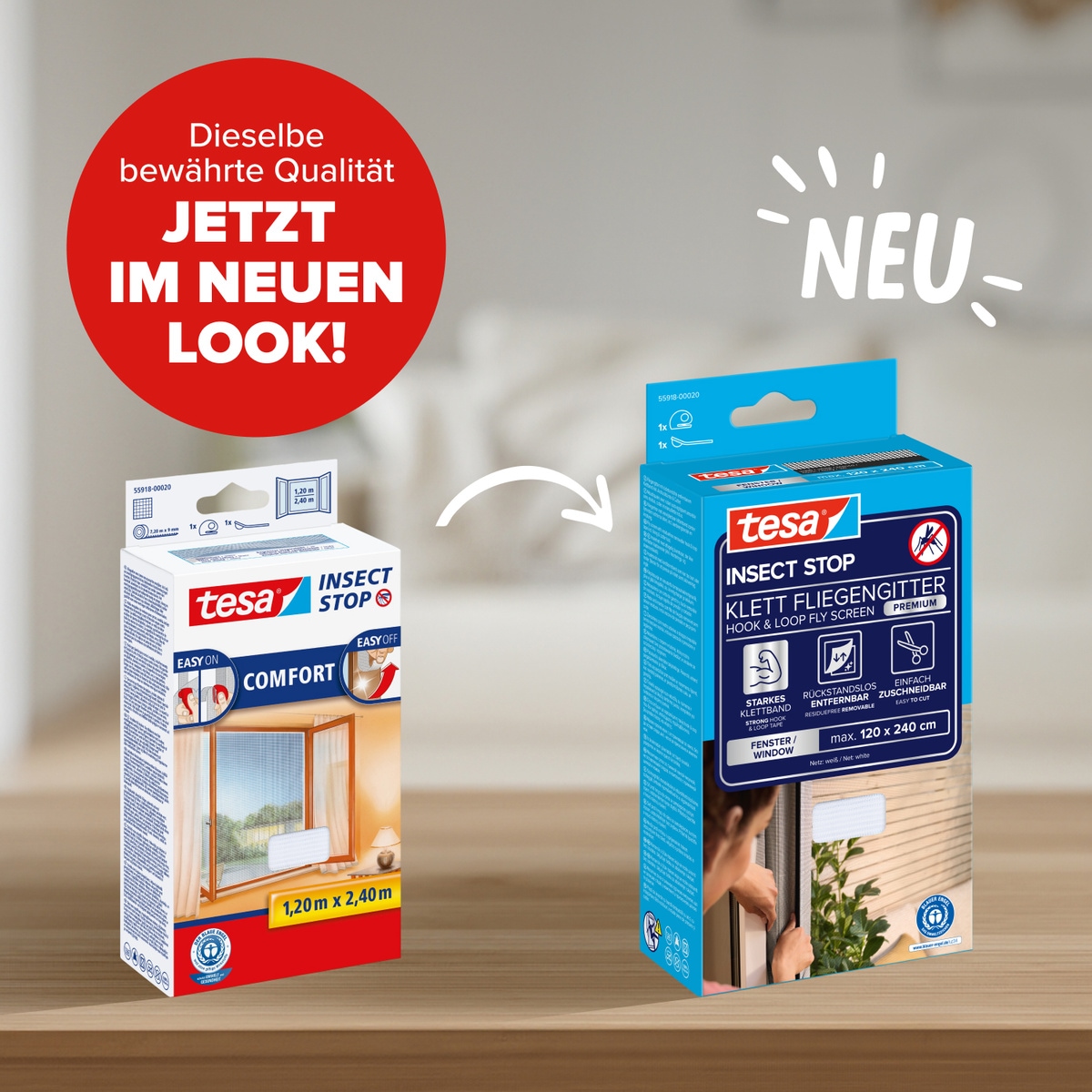tesa Fliegengitter-Gewebe »Premium für Fenster, Insektenschutz mit Klettband - 120 x 240 cm« Packung, Fliegennetz, Klettband, Andrück und Schneidehilfe, 1 Stk. tlg. Mückenschutz mit starkem Klettband, rückstandsfrei entfernbar