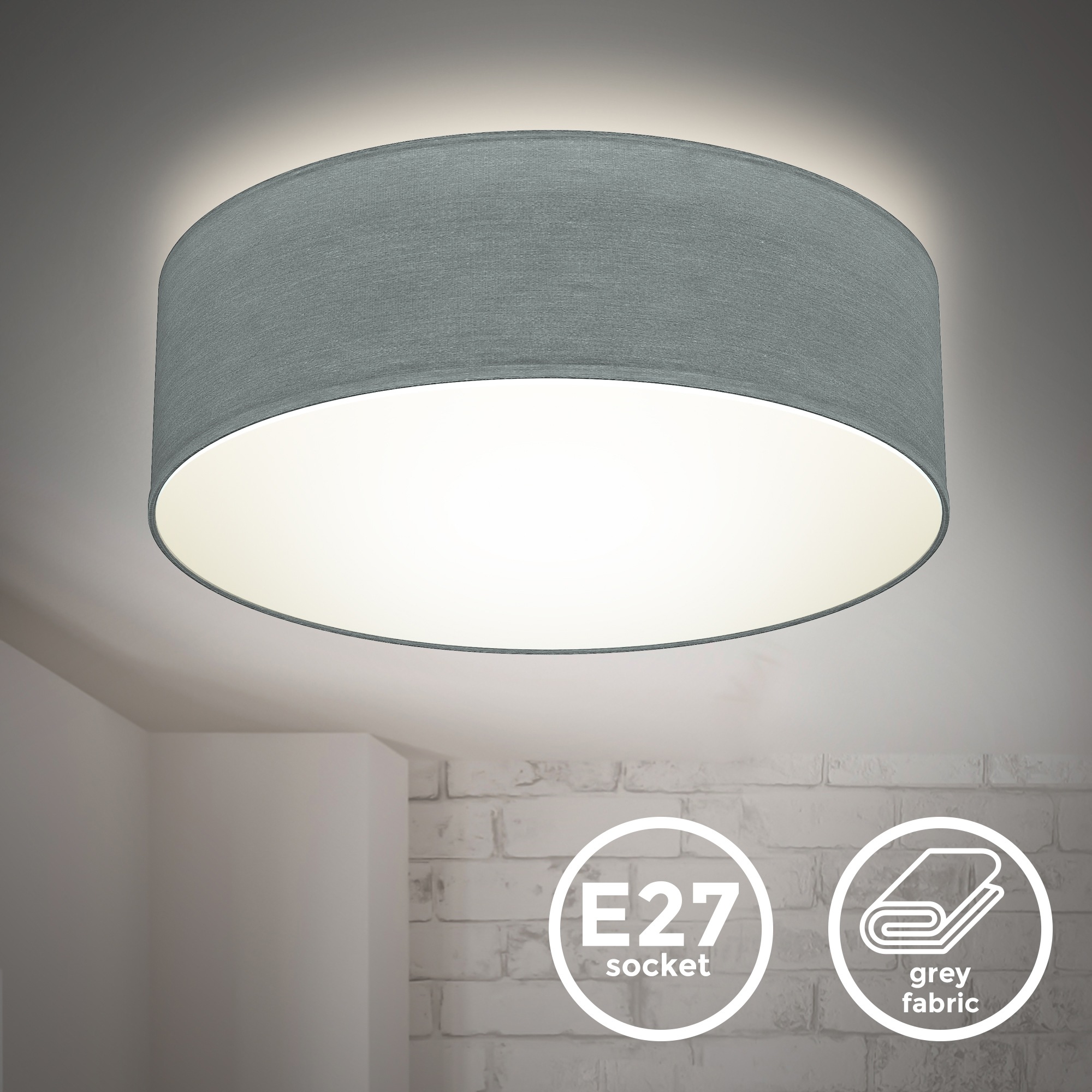 E27, XXL Jahren Schlafzimmer, Deckenlampe, Wohnzimmer 3 1 Deckenleuchte, online LED Garantie | Lampenschirm, B.K.Licht Textil flammig-flammig, mit grau, kaufen