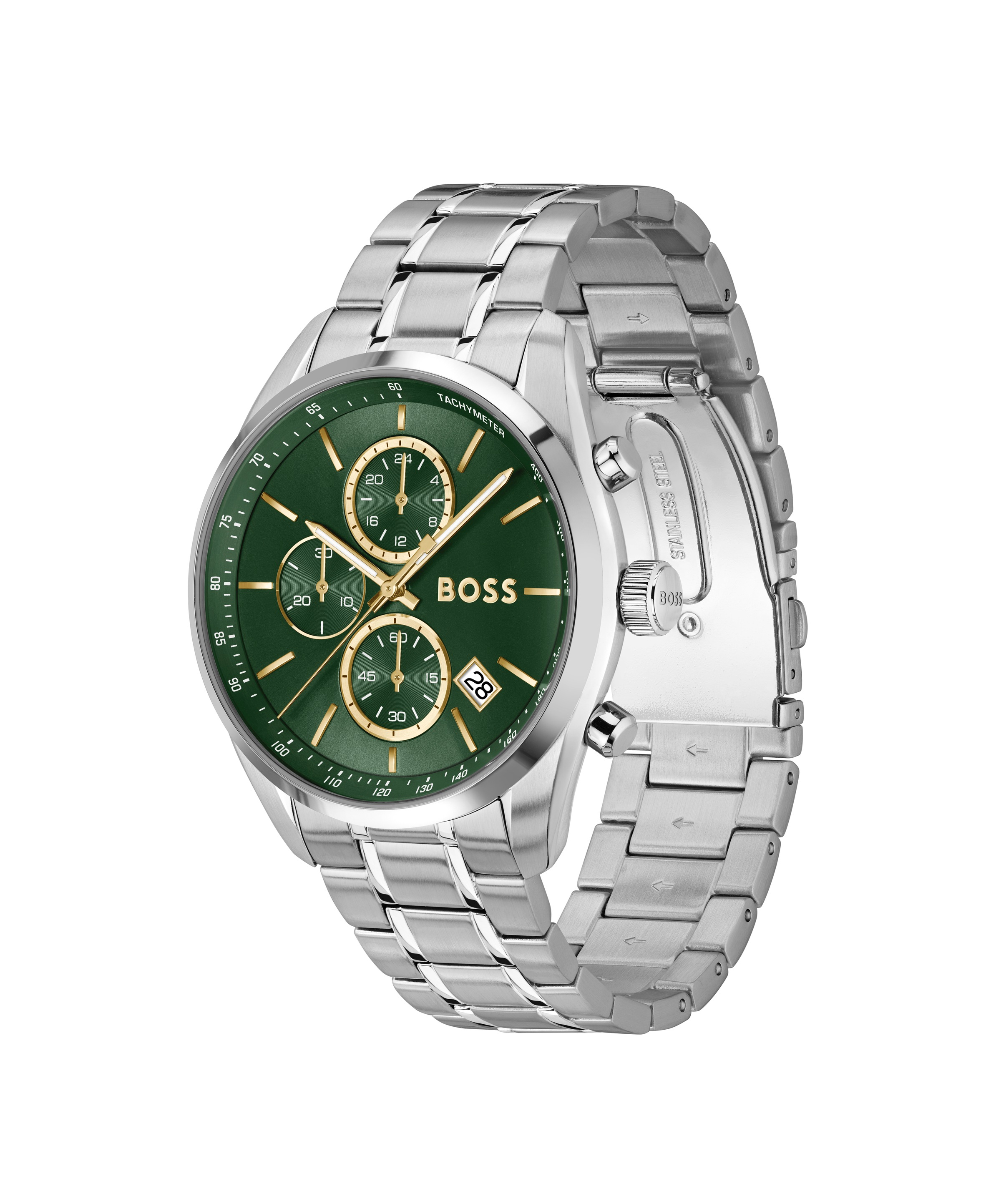 BOSS Quarzuhr »GRAND PRIX 44« Armbanduhr, Herrenuhr, Edelstahlarmband, analog, Tag, Stoppfunktion