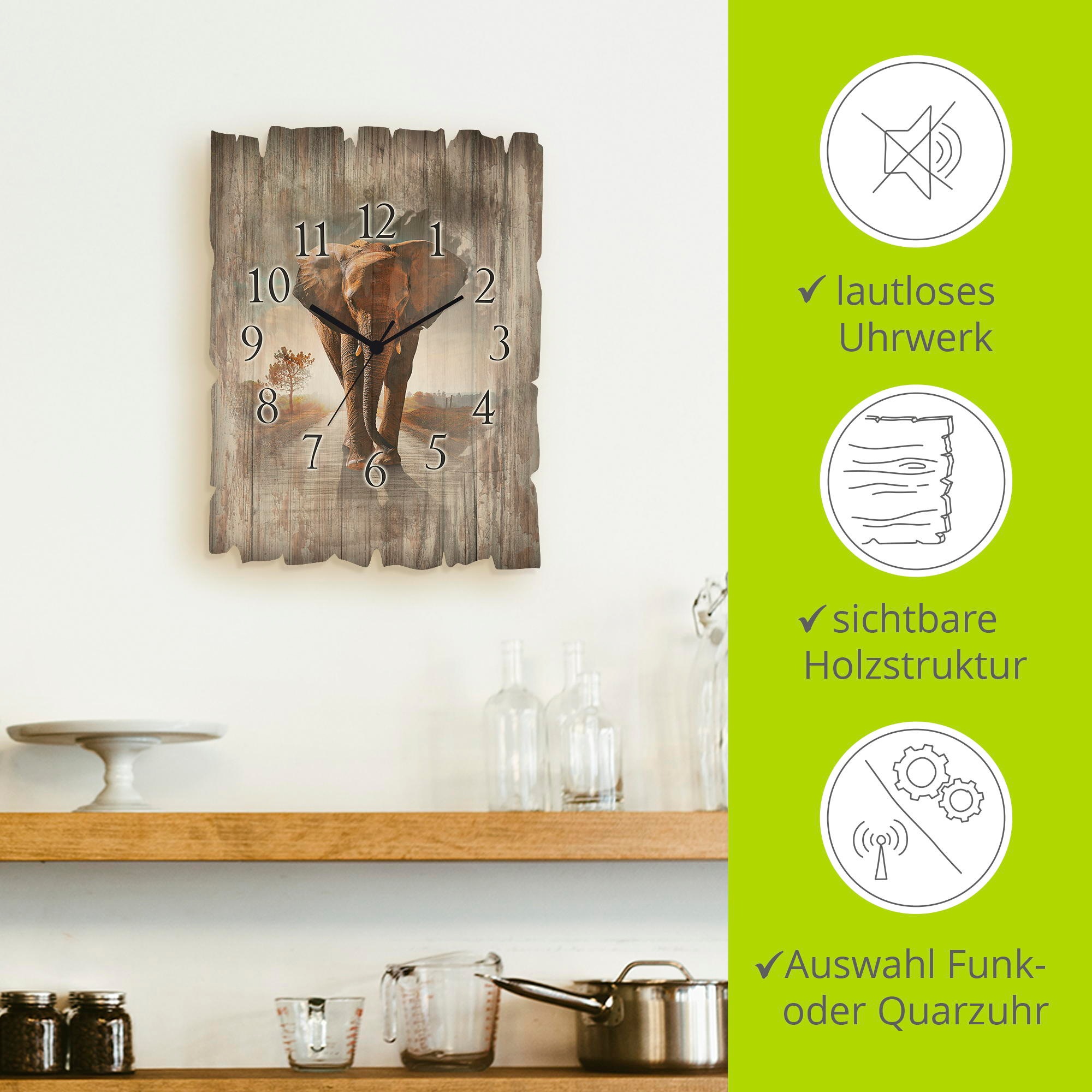 Artland Wanduhr »Ein Elefant läuft auf der Straße« wahlweise mit Quarz- oder Funkuhrwerk, lautlos ohne Tickgeräusche