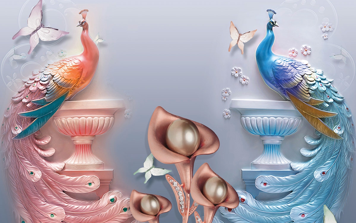 Papermoon Fototapete »Muster mit Blumen und Pfaun rot blau«