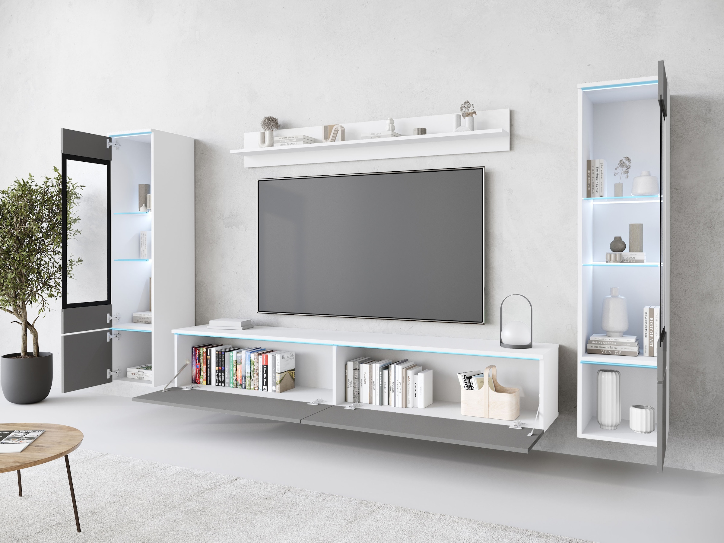 INOSIGN Wohnwand »VERA II, Vitrinen Türanschlag wechselbar«, (Komplett-Set, 4 St.), Mediawand 260 cm, Vitrine mit Verglasung, stehend und hängend