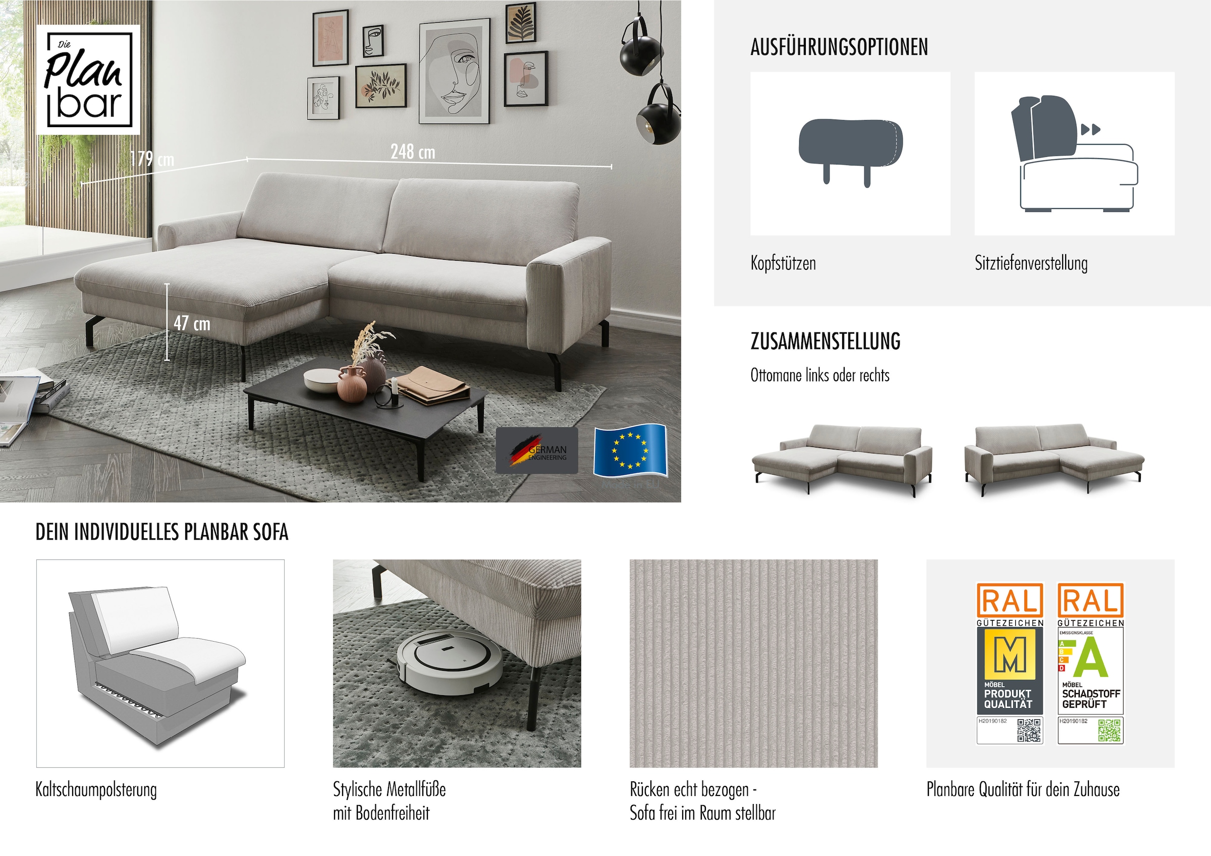 Die PlanBar Ecksofa »ZE-EM20028 L-Form, Breite 248 cm« wahlweise mit Kopfstützen und Sitztiefenverstellung