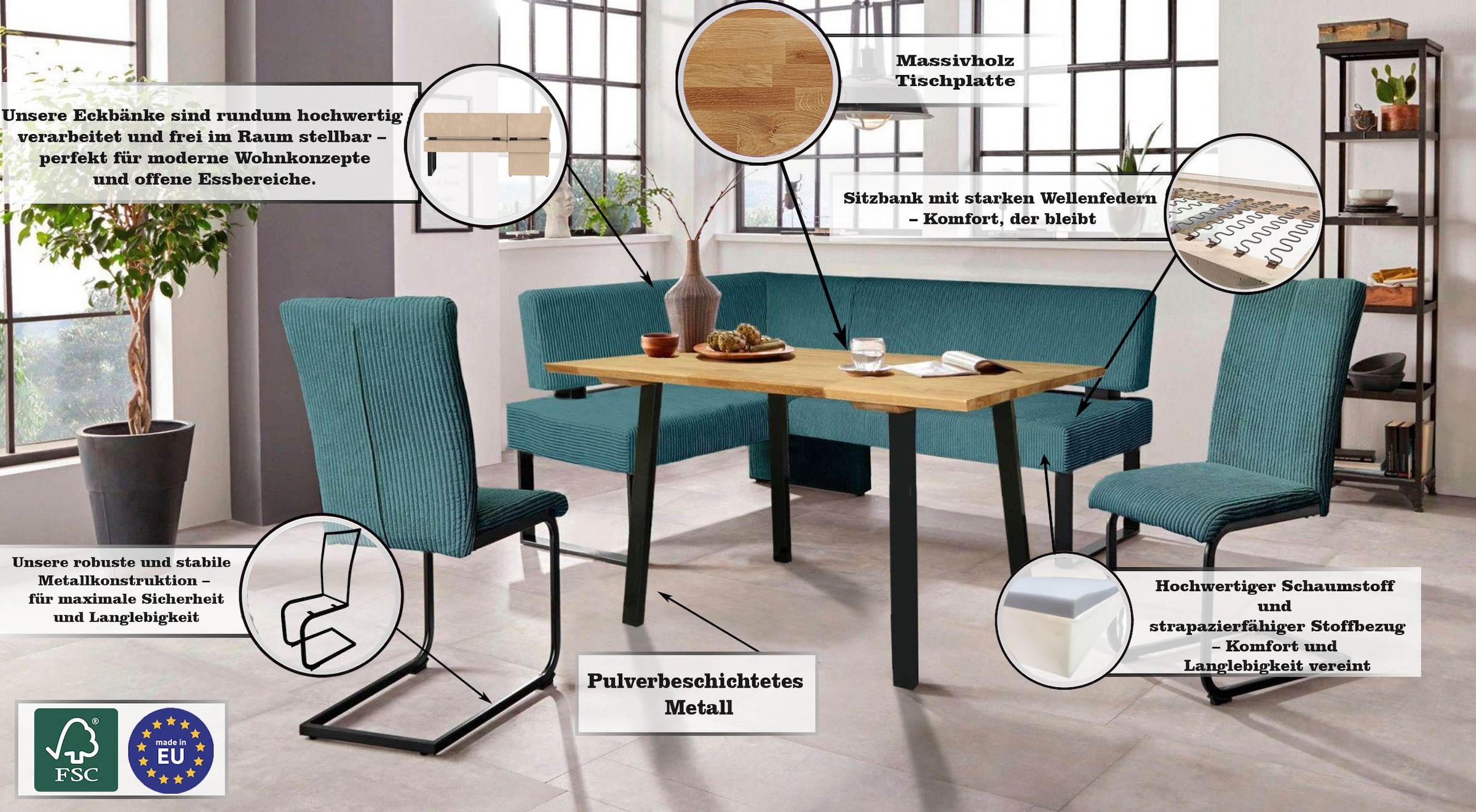 Home affaire Eckbank »Oliver mit Metallgestell, Küchenbank«, verschiedene Bezüge Cord Esszimmerbank