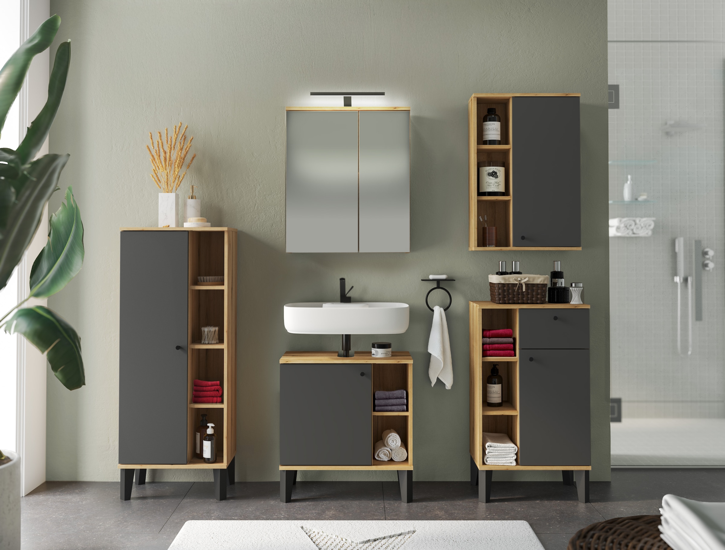 INOSIGN Badmöbel-Set »OSLO, Bad im skandinavischen Design, 5-teiliges Badezimmer«, (Set, 5 St.), Badschränke und Spiegel, in zwei Farben verfügbar, viel Stauraum