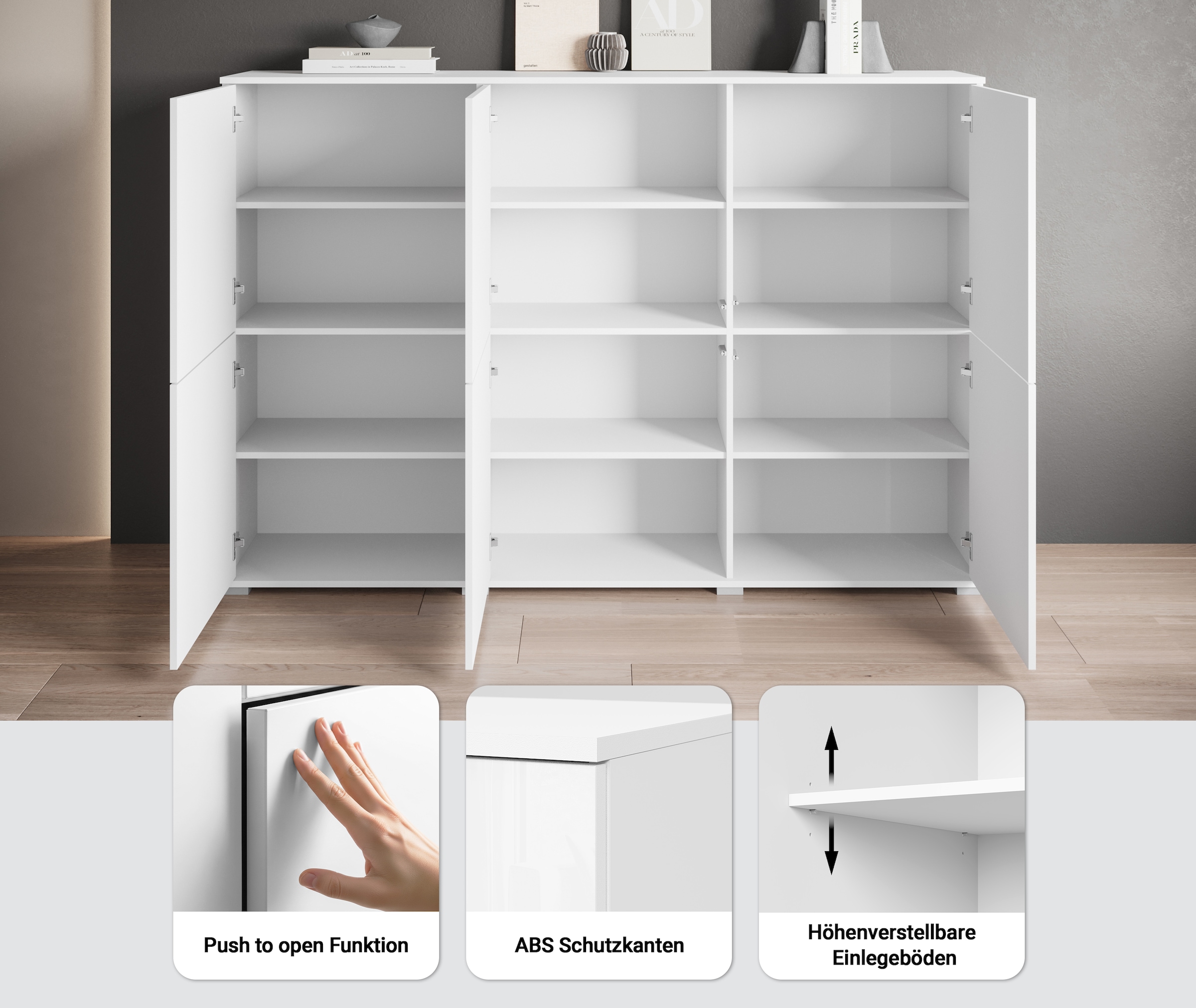 INOSIGN Highboard »Kenia, moderne grifflose Hochkommode mit 6 Türen, Breite 180 cm«, (1 St.), Push-to-Open-Fronten, höhenverstellbaren Einlegeböden