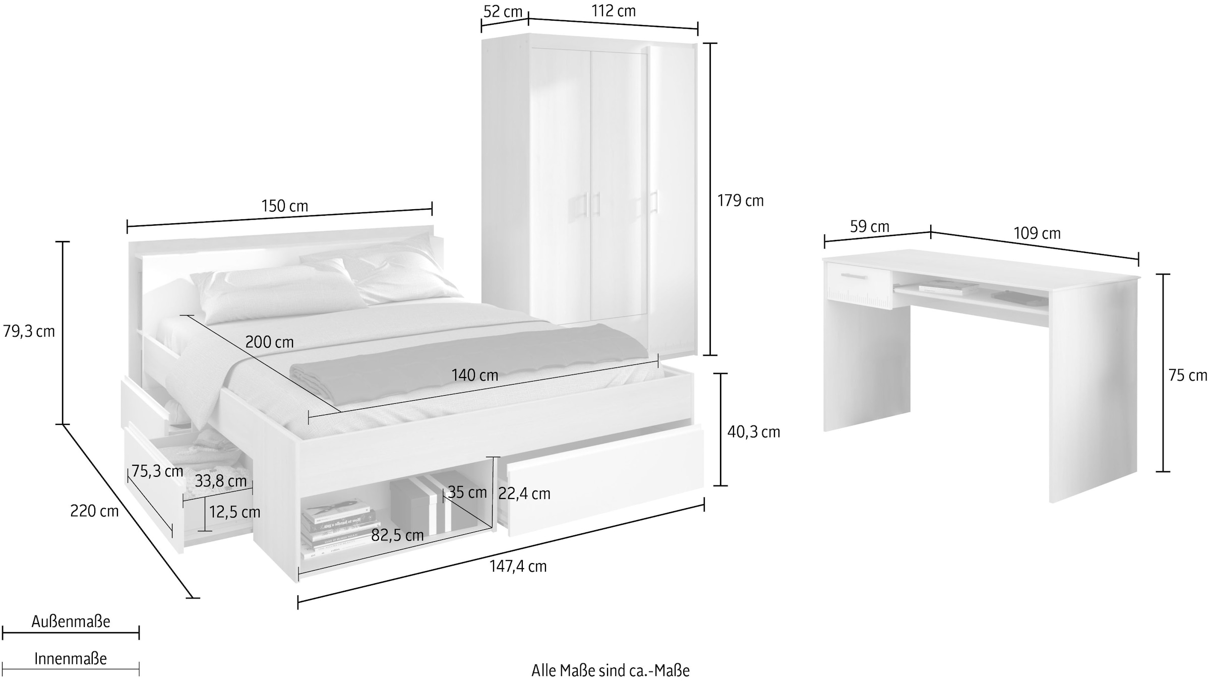 Parisot Jugendzimmer-Set »Most«, (Set, 3 St., Bett mit Schubkästen, Kleiderschrank und Schreibtisch)