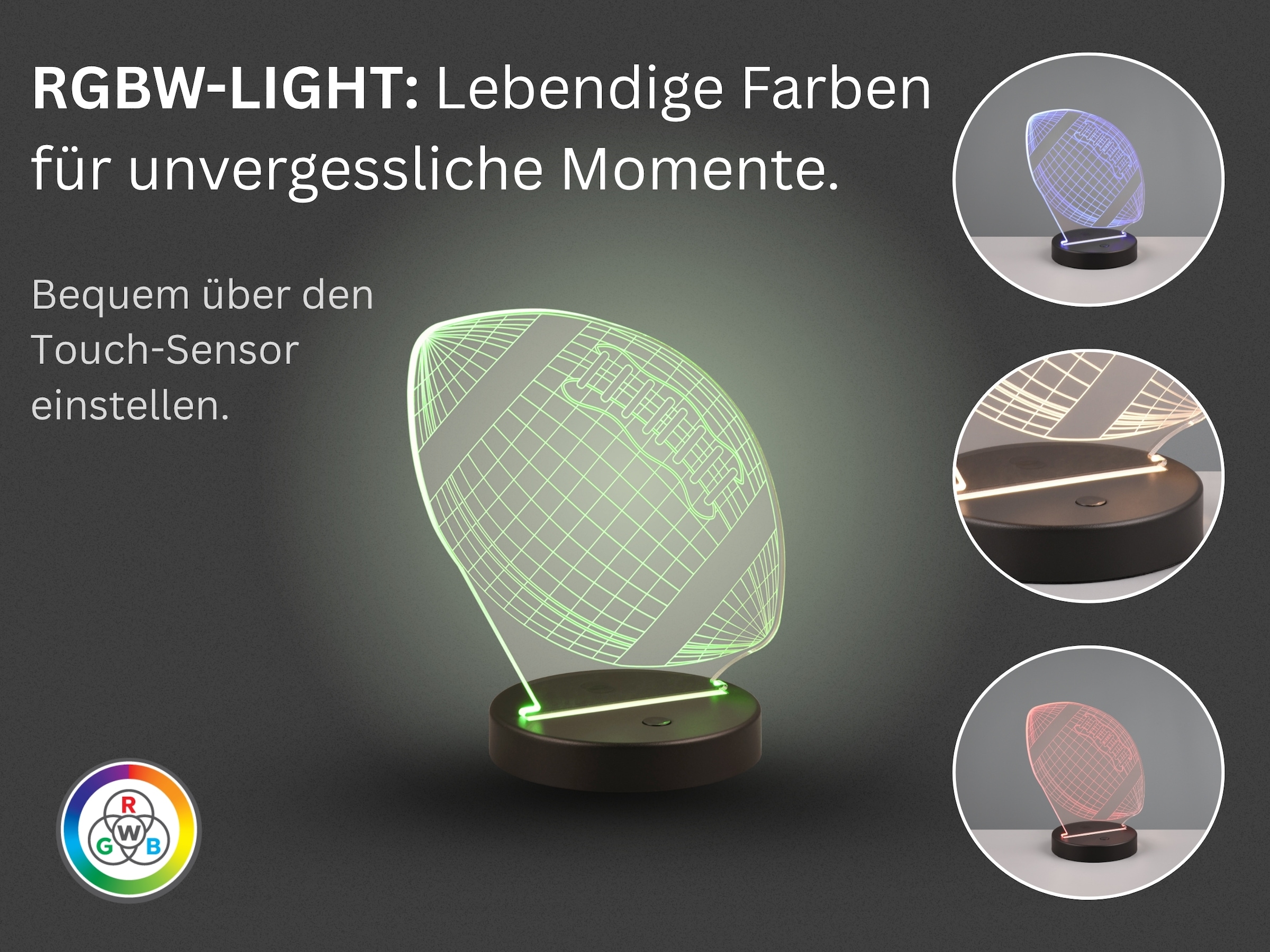 REALITY Leuchten LED Tischleuchte »FOOTBALL, Tischlampe in Football Form mit 3D-Effekt, Acryl, Höhe 22cm« LED-Board 1 Stk. RGB | Warmweiß 3,2W LED, RGB Farbwechsel Modus, 250 Lumen 3000K warmweiß, Base Ø 12cm