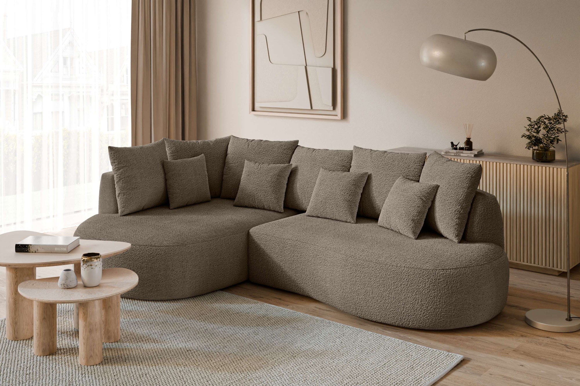 homsy by Ana Johnson Ecksofa »PEBBLA L-Form mit vielen Kissen, modernes Design, Bezug- Boucle« Breite 267 cm, Design-Sofa mit Ottomane recht/links bestellbar