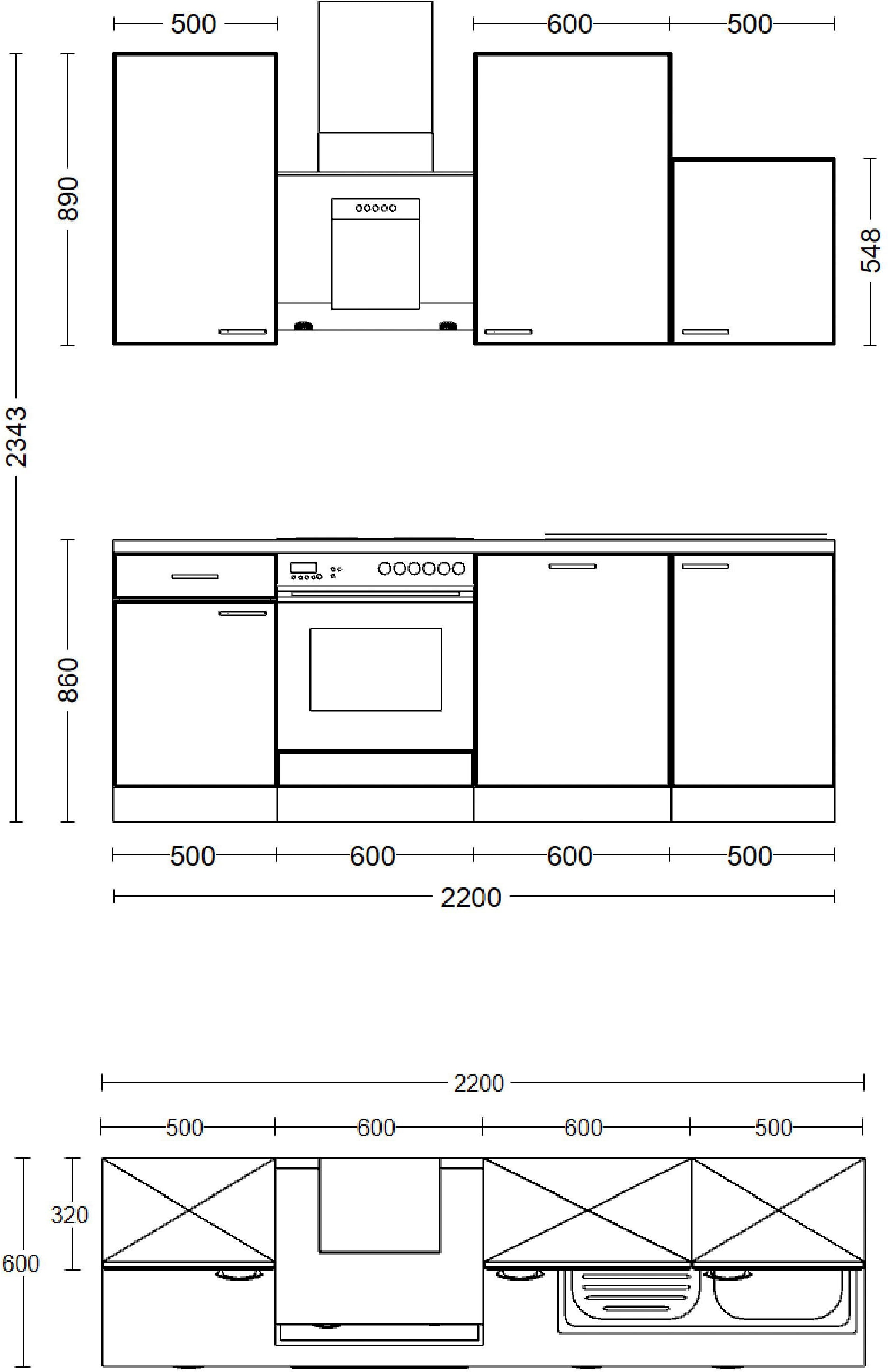 Flex-Well Küchenzeile »Florenz« mit E-Geräten, Breite 220 cm, in vielen Farbvarianten erhältlich