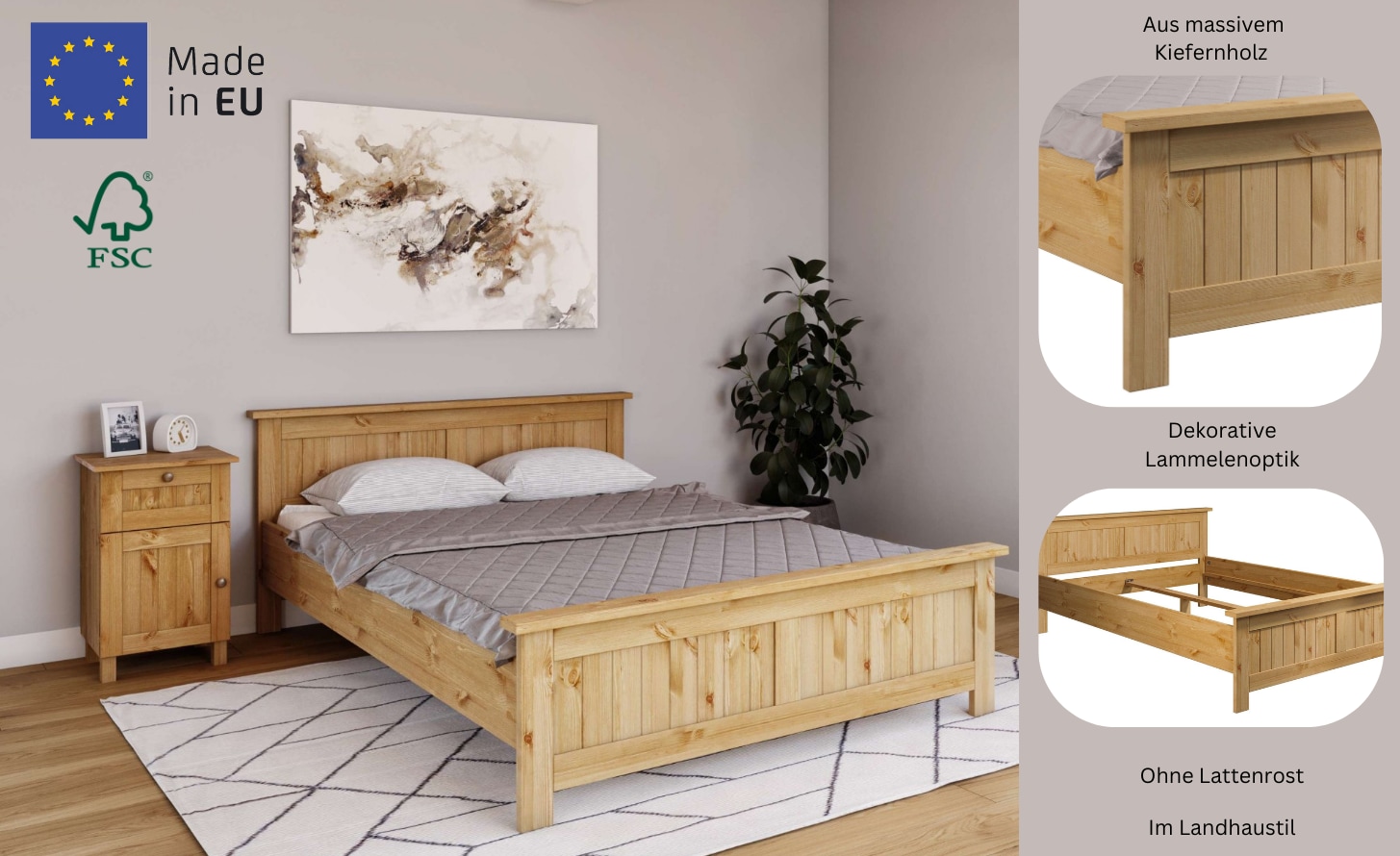 Home affaire Massivholzbett »Juventus, Bett, Massivholzbett, Holzbett, Bettrahmen«, (Breite/Belastbarkeit 140cm/180 KG), Breite 90 cm, aus massiver Kiefer, FSC®-zertifiziert