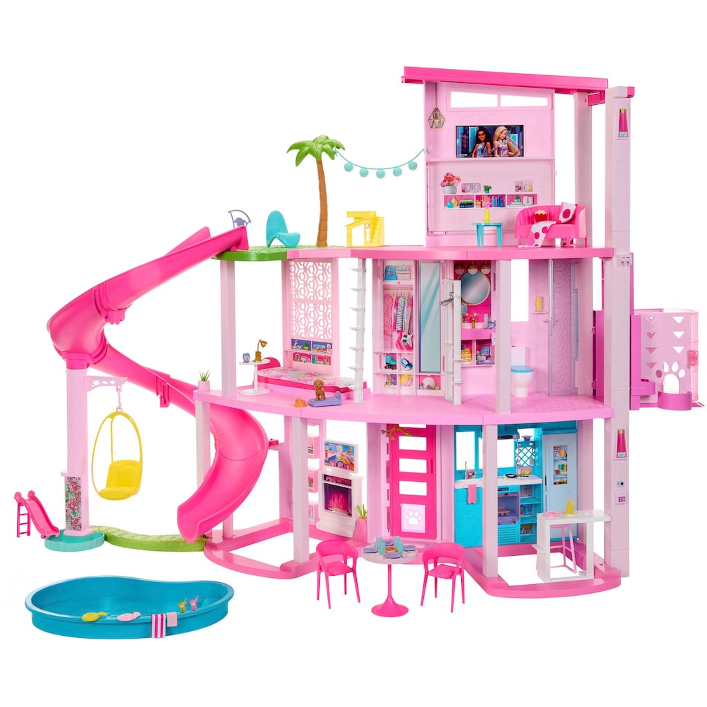 Barbie Puppenhaus »Traumvilla«, mit 3 Etagen, Licht- und Soundeffekt, Wendelrutsche, Balkon und Pool