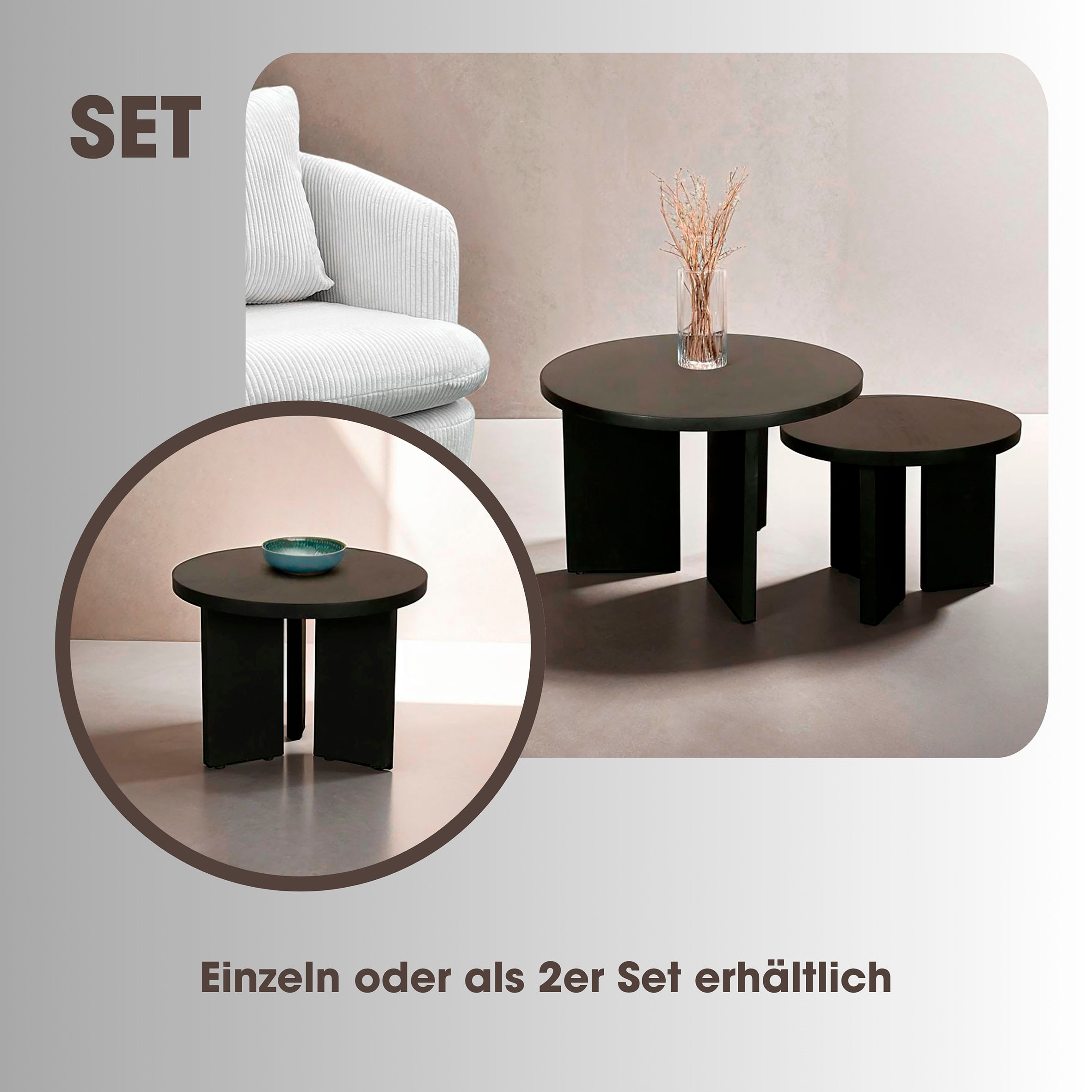 byLIVING Couchtisch »Round«, (1 St.), aus 2,5cm starkem Massivholz schwarz, einzeln oder im Set stellbar