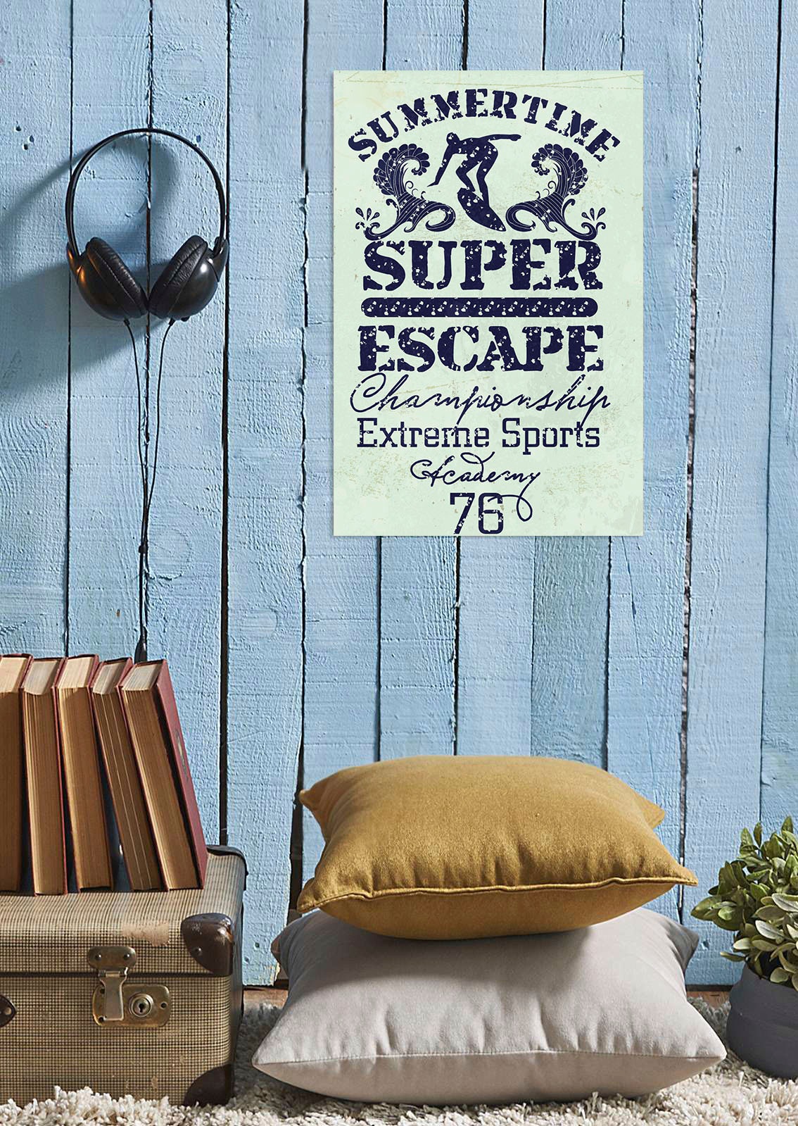 queence Metallbild »Surfer Escape«, Schriftzüge-Schriftzug-Sprüche-Sprüche & Texte, (1 St.), Stahlschild, Blechschild, Surfer, Fernweh, Schriftzug