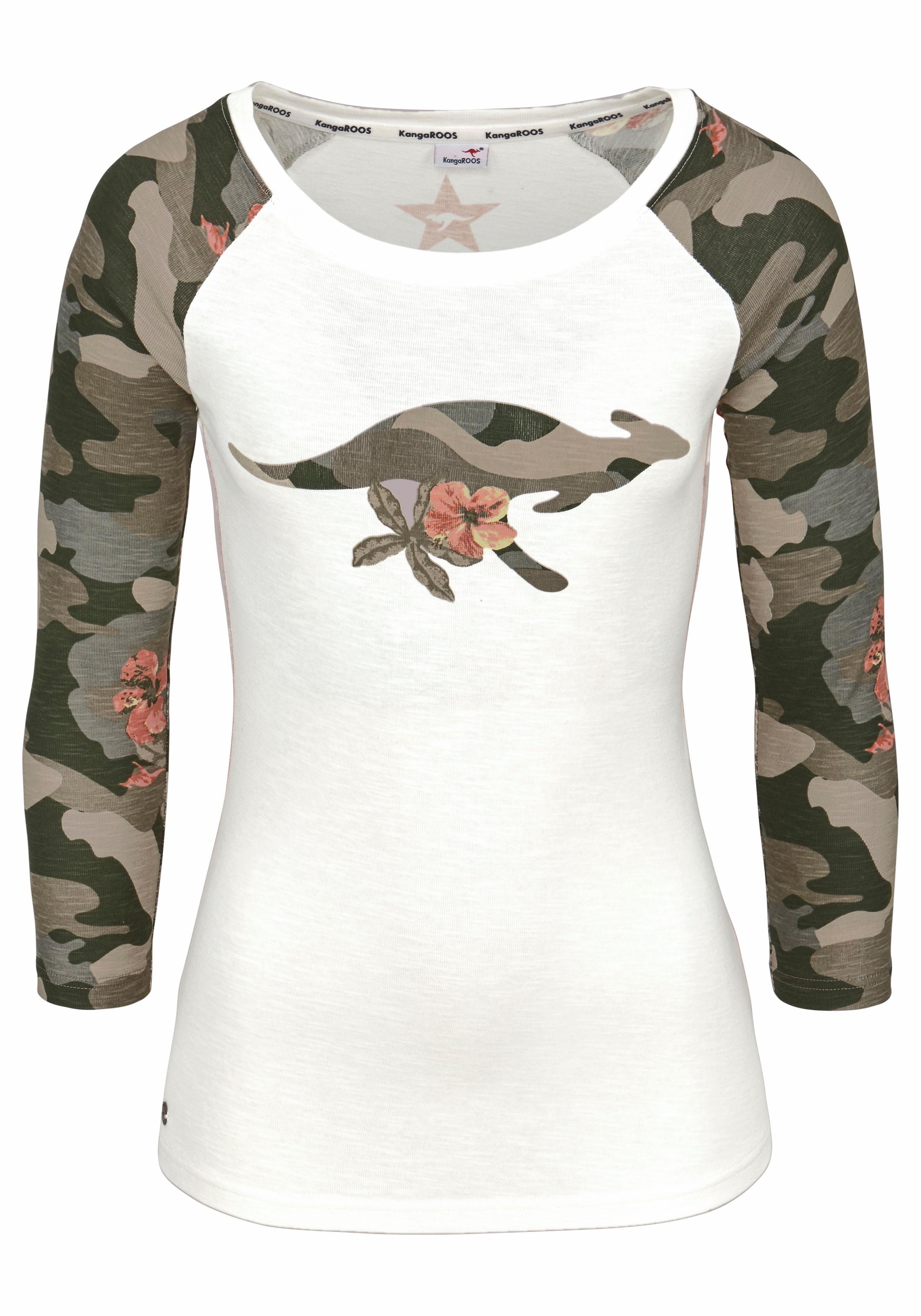 mit Front-Print und KangaROOS ♕ bei Camouflage-Ärmeln 3/4-Arm-Shirt, tarnfarbenen
