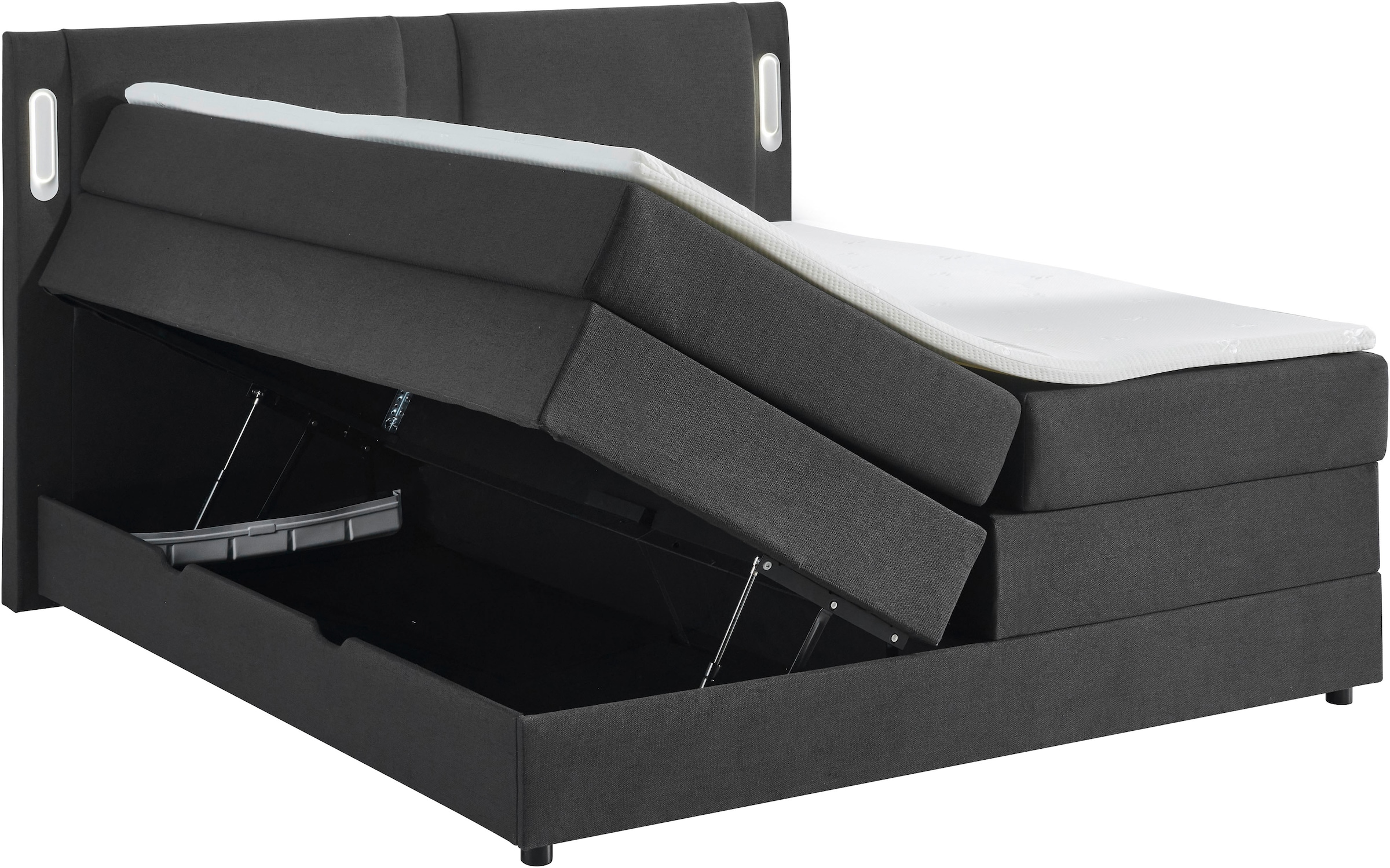 INOSIGN Boxbett »ELVERTA, Polsterbett mit Bettkasten, inkl. Taschenfederkernmatratze H3« mit Topper und LED-Beleuchtung, Strukturstoff-Bezug,  180x200 cm