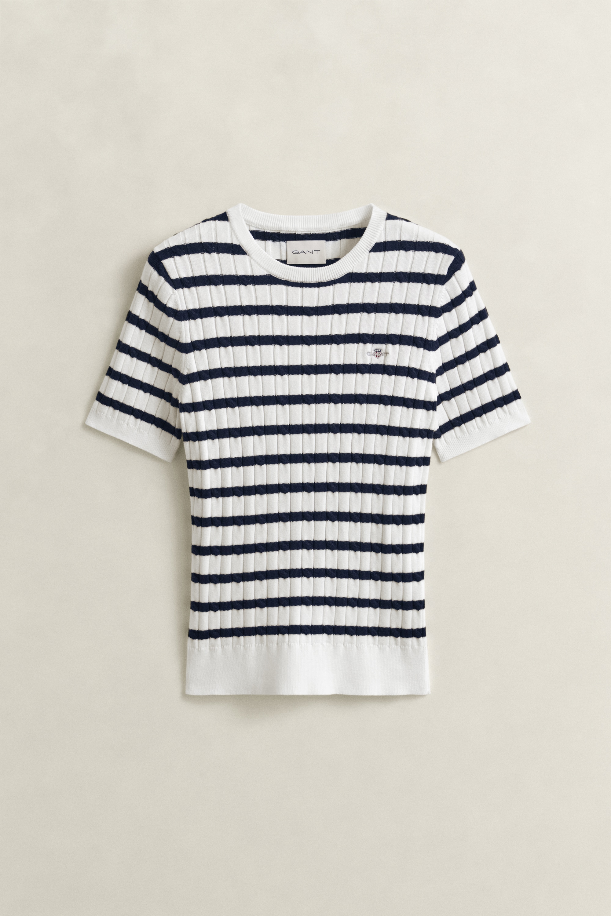 Gant Kurzarmpullover »STRETCH COTTON CABLE STRIPE SS« Gestreifter Zopfstrick, Rundhals, Schmale Passform