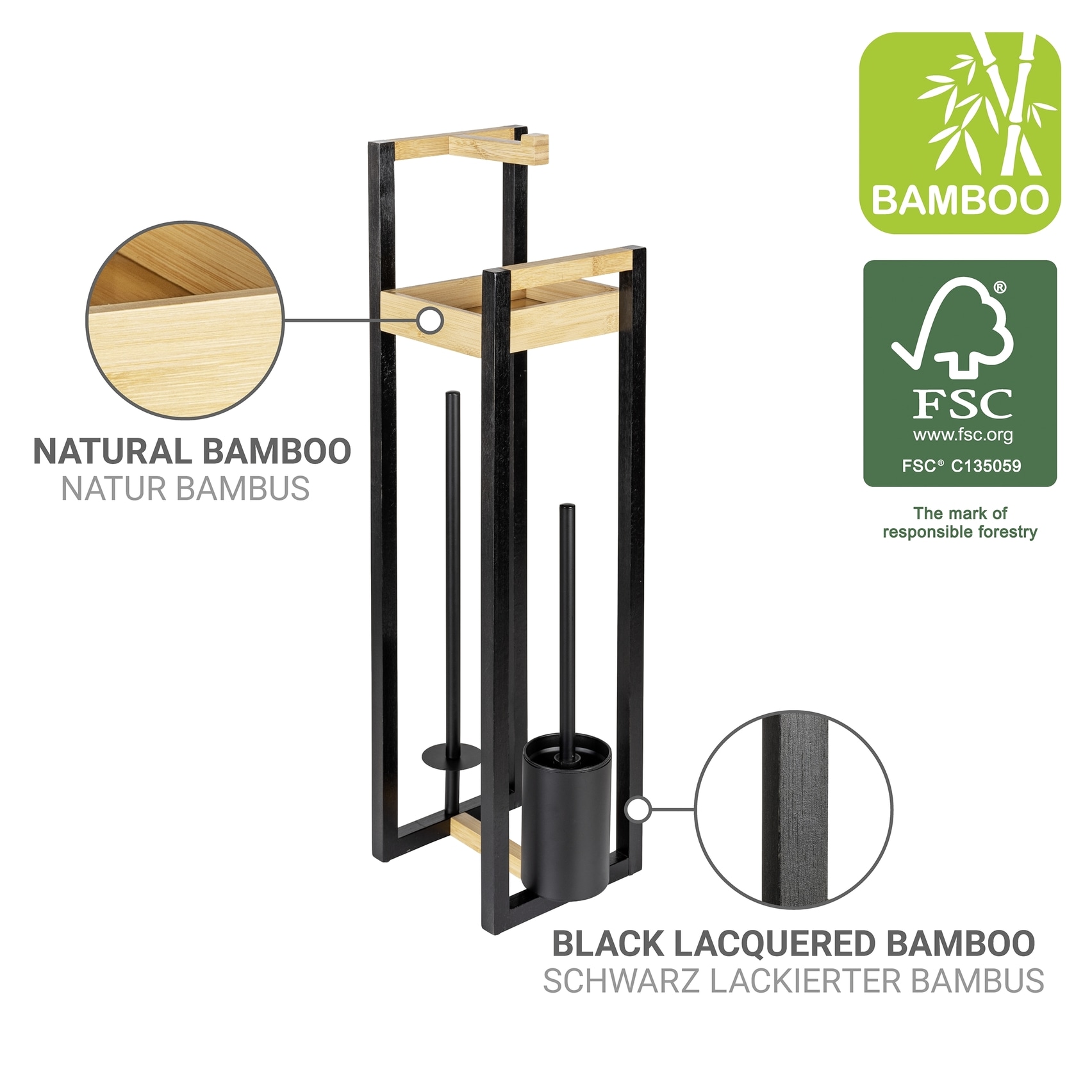 WENKO WC-Garnitur »Braidi« aus Bambus 4in1, Toilettenbürste, Rollen-/Ersatzrollenhalter, Ablage, freistehend