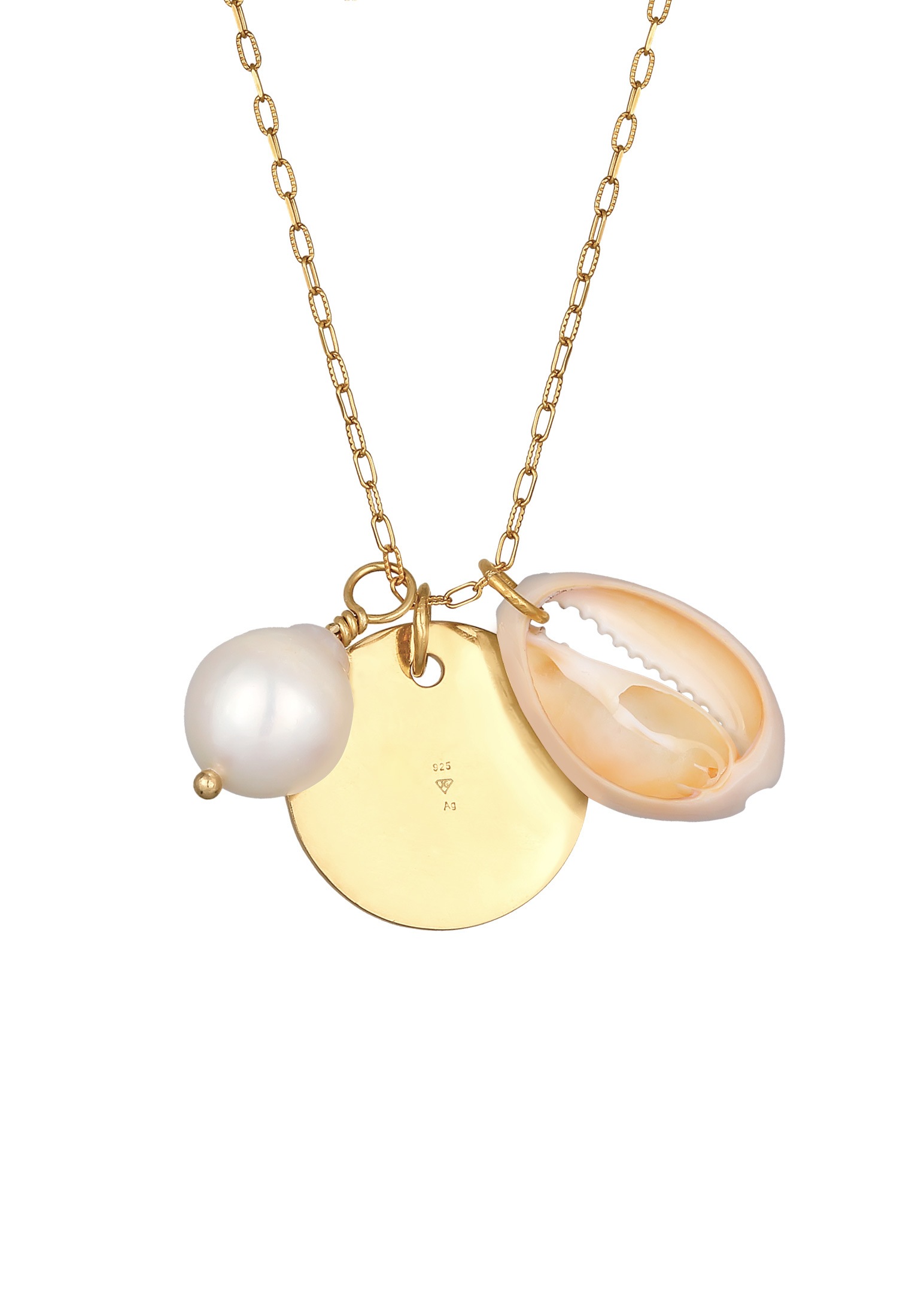 Elli Premium Lange Kette »Halskette Kauri Muschel Plättchen Süßwasserperle 925 Silber«