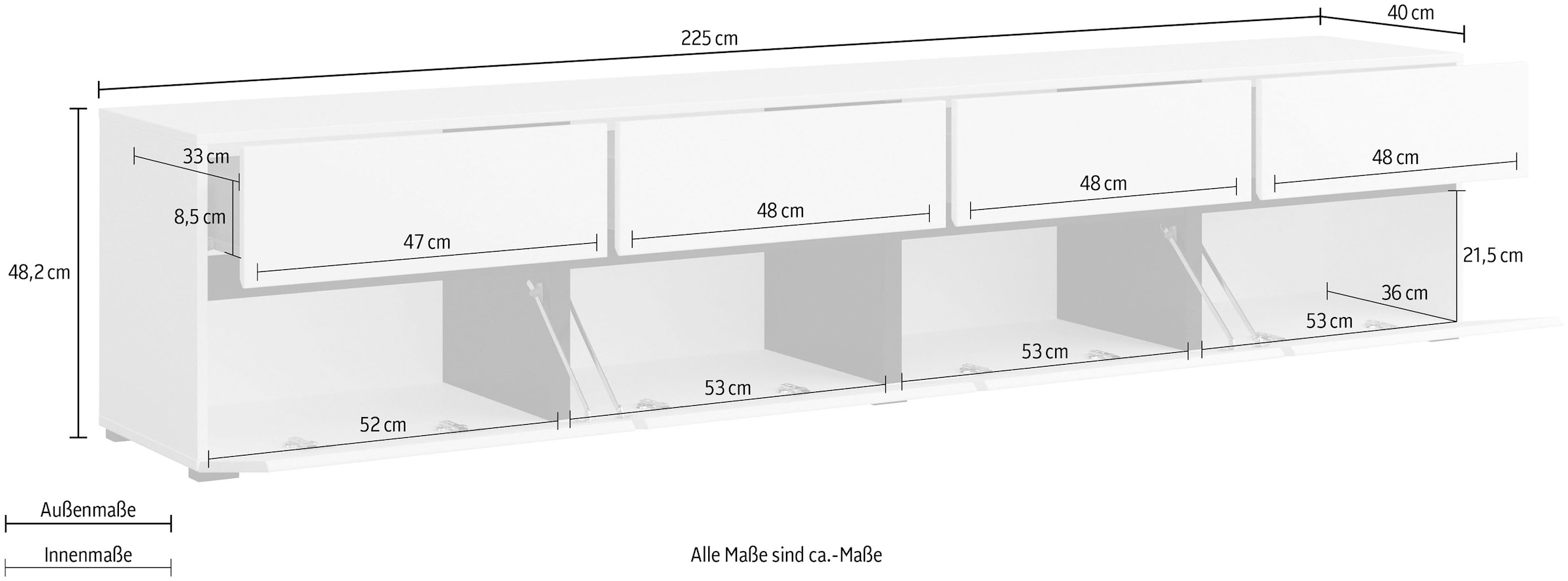 INOSIGN Lowboard »Cross, moderne grifflose TV-Kommode,4 Klappen/4 Schubkästen«, Breite 225 cm, TV-Schrank mit viel Stauraum, TV-Board