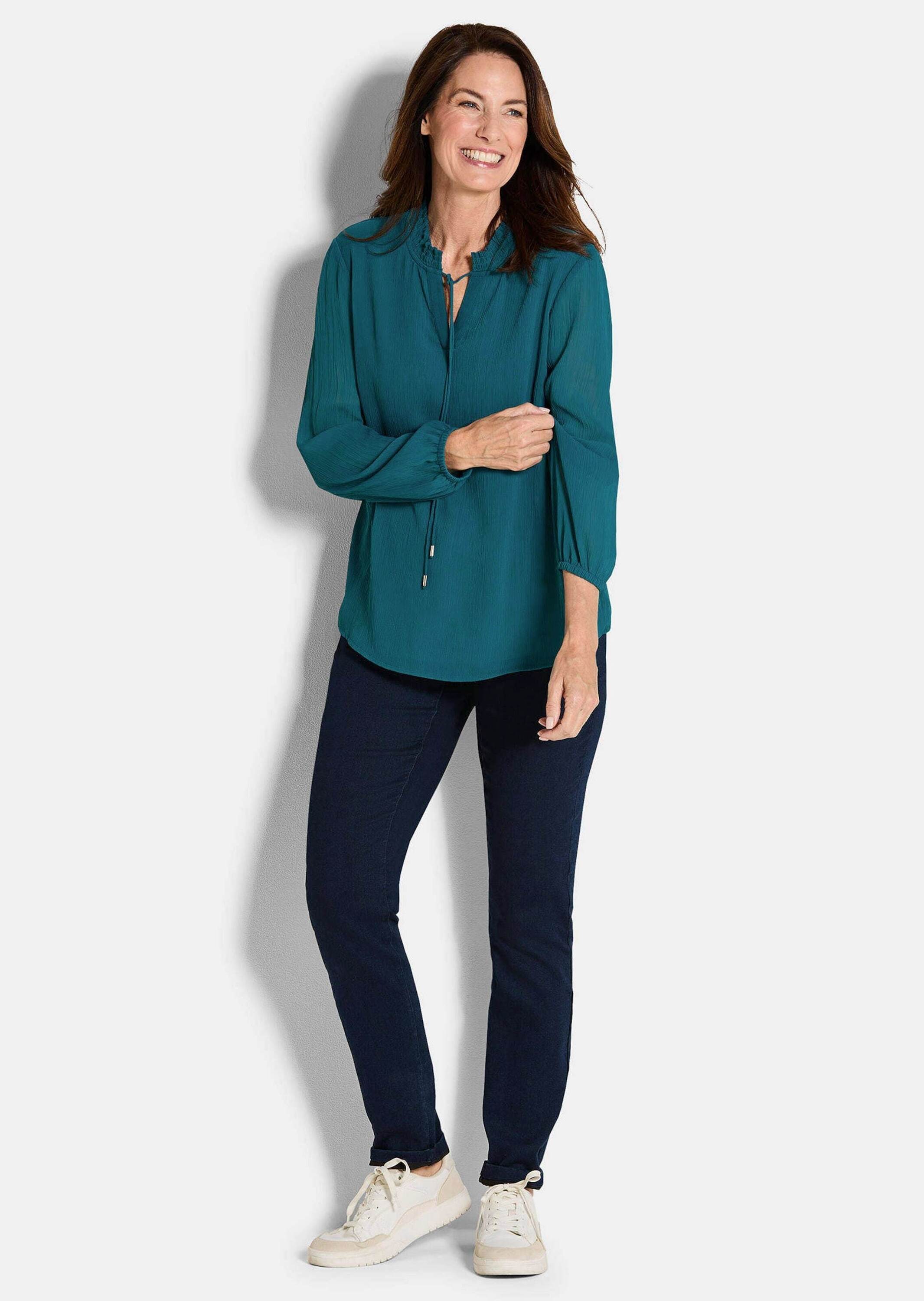 GOLDNER Chiffonbluse »Kurzgröße Elegante Jersey-Bluse mit Rundhals«