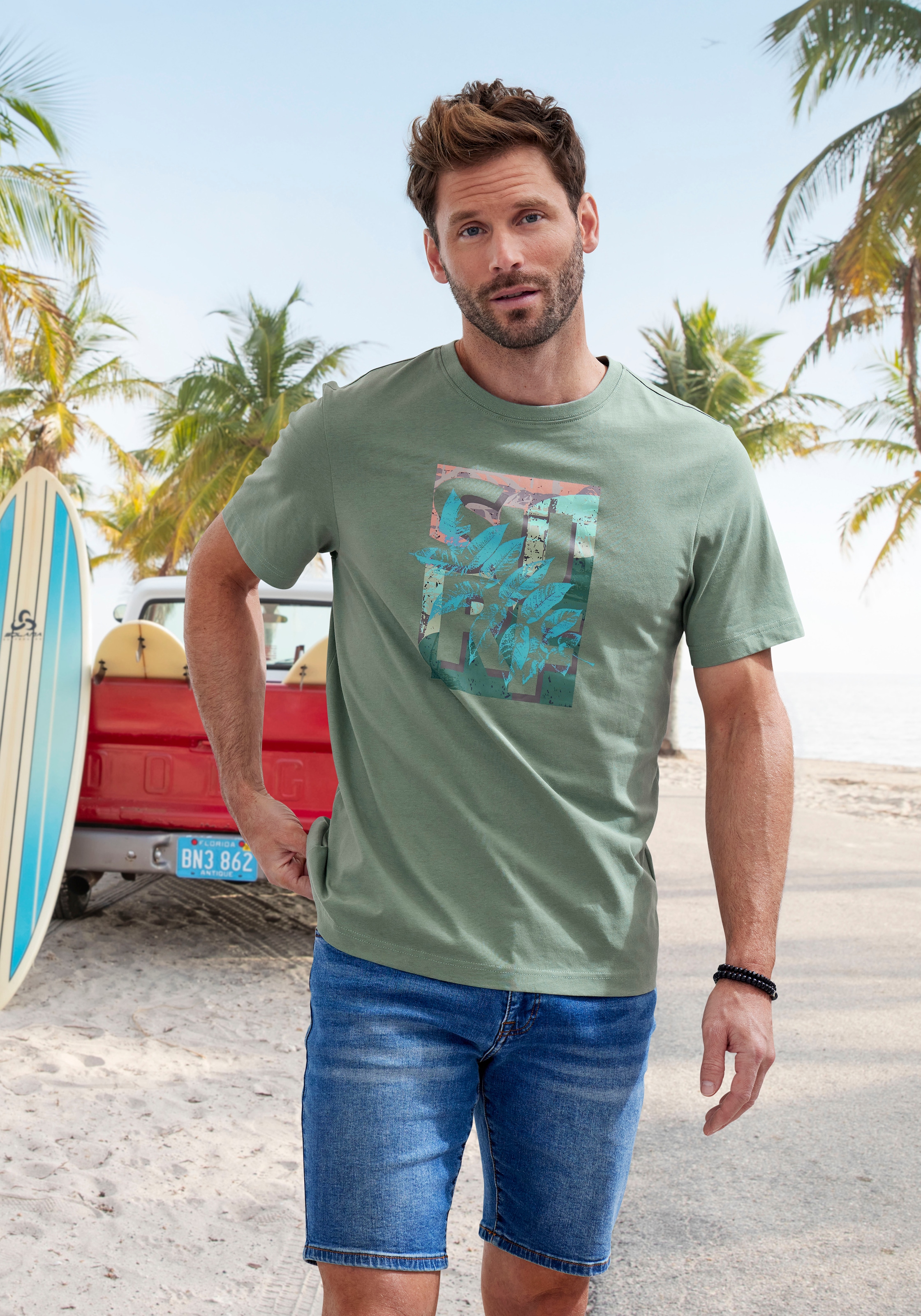 John Devin T-Shirt, Rundhalsshirt mit Surf -Aufdruck aus reiner Baumwolle