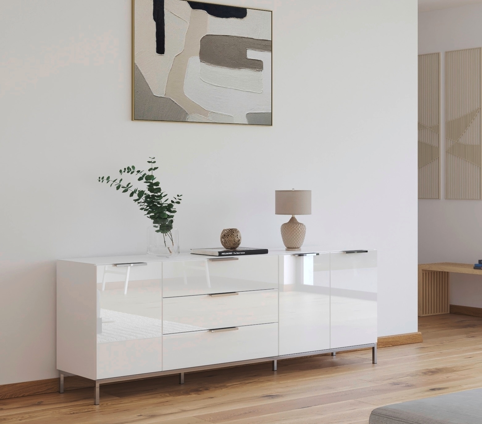 rauch Kombikommode »Kommode Türkommode Sideboard Kombikommode FLIPP mit Glasfront« Breite 200 cm mit 2 Einlegeböden,  3-türig, 3 Schubladen, Soft-Close-Funktion, Oberboden und Front Glas