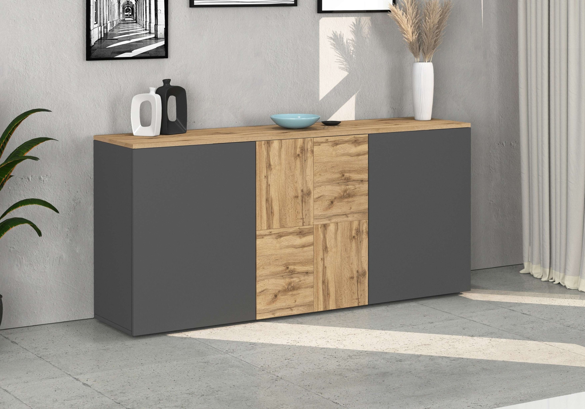 OTTO home Sideboard »ISEO, Kommode, Schrank, Sideboard, Lowboard, 6 Fächer, Breite 150 cm« 1 Stk. tlg. stehend/hängend, 3 Türen, 6 Fächer, Breite 150 cm