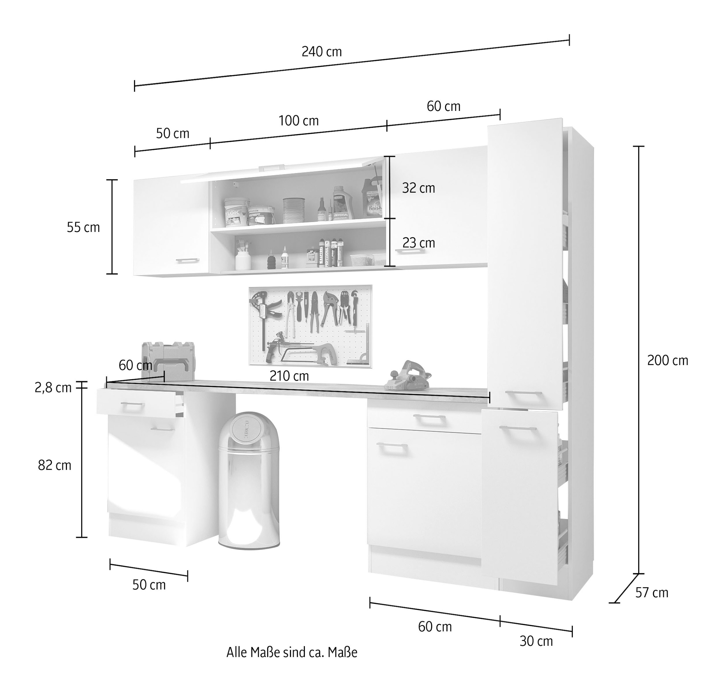 Flex-Well Mehrzweckschrank-Set »LUCCA, 8-teilig, Hauswirtschaft-, Hobby/Werkraum, Küche, Breite 240 cm« Komplett-Set, bestehend aus: 2x Unter-, 3x Ober- und 1x Auszugsschrank, Regal+APL, 8 Stk. tlg.