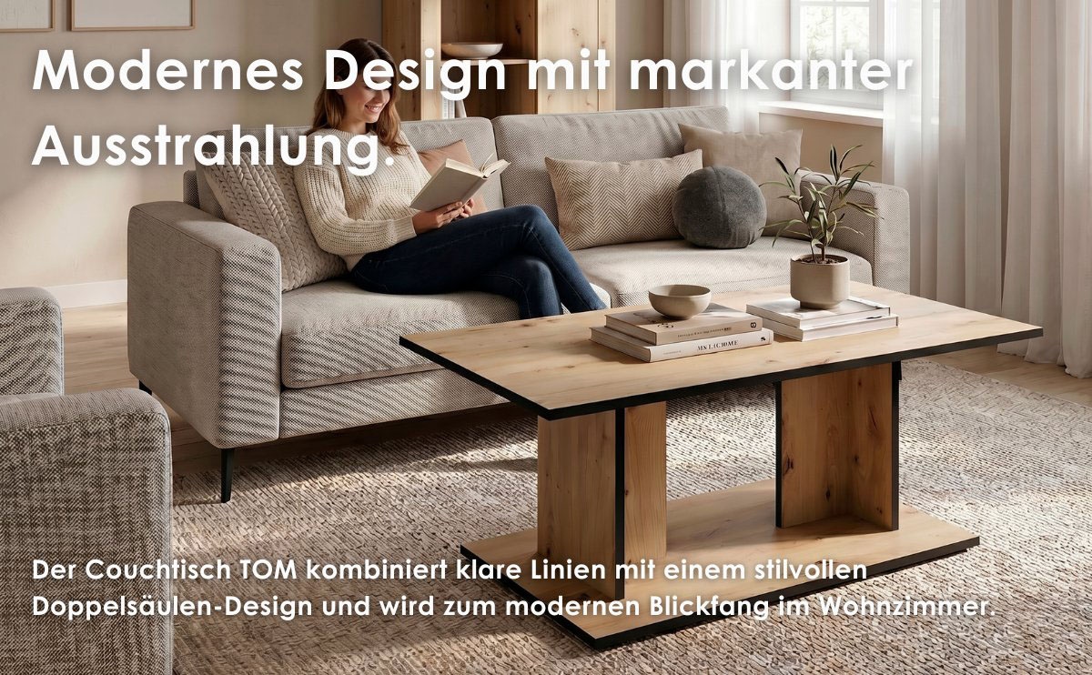 byLIVING Couchtisch »TOM« Eiche-Optik oder Weiß, Kante schwarz, Belastbarkeit 40 kg, B: 110 cm