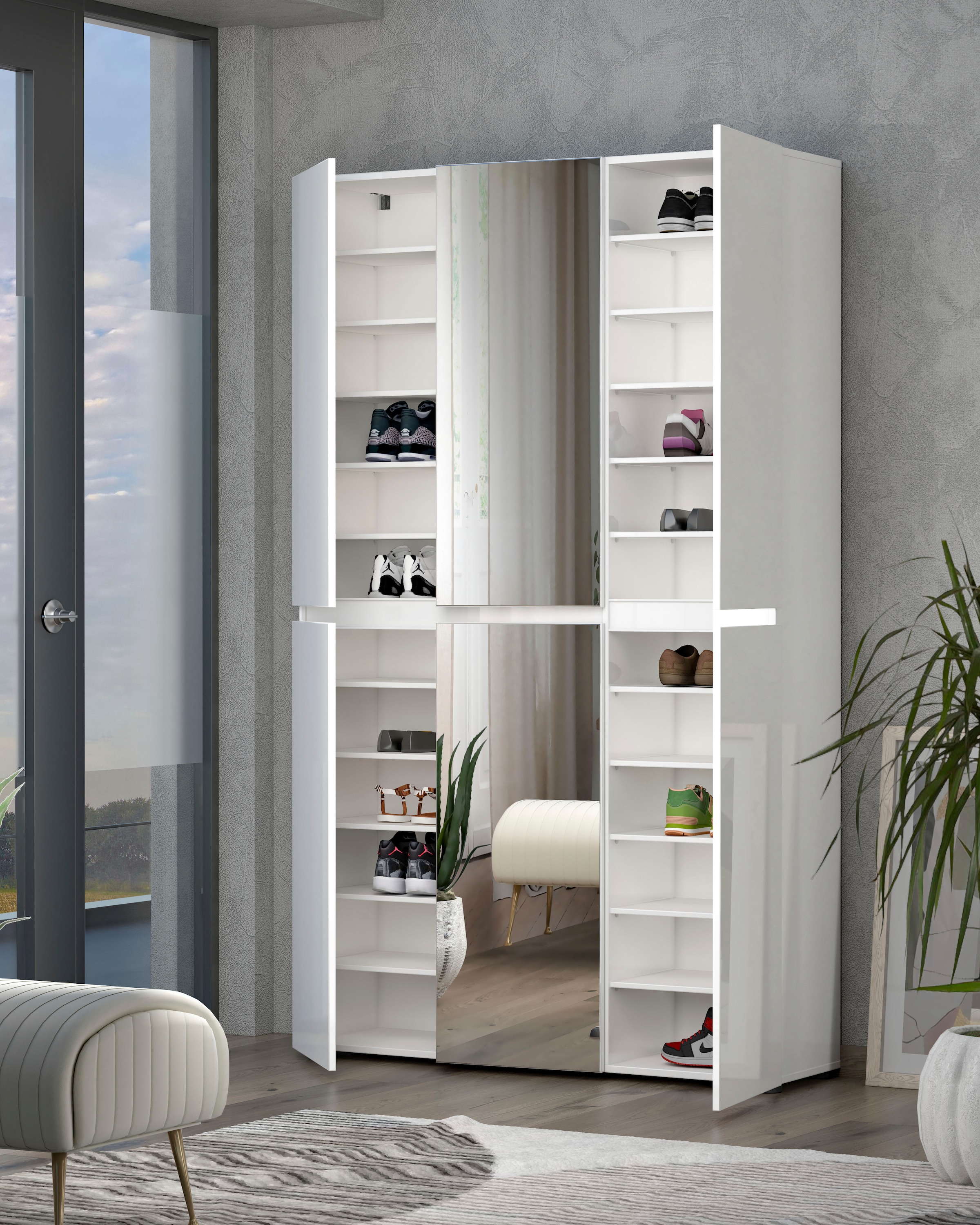 INOSIGN Schuhschrank »Mister,Schuhkommode,Schuhmöbel,Schuhablage,Schuhregal«, Breite 120 cm, Höhe 200 cm, Tiefe 34 cm, 6 Türen, 24 Fächer, 2 Spiegel