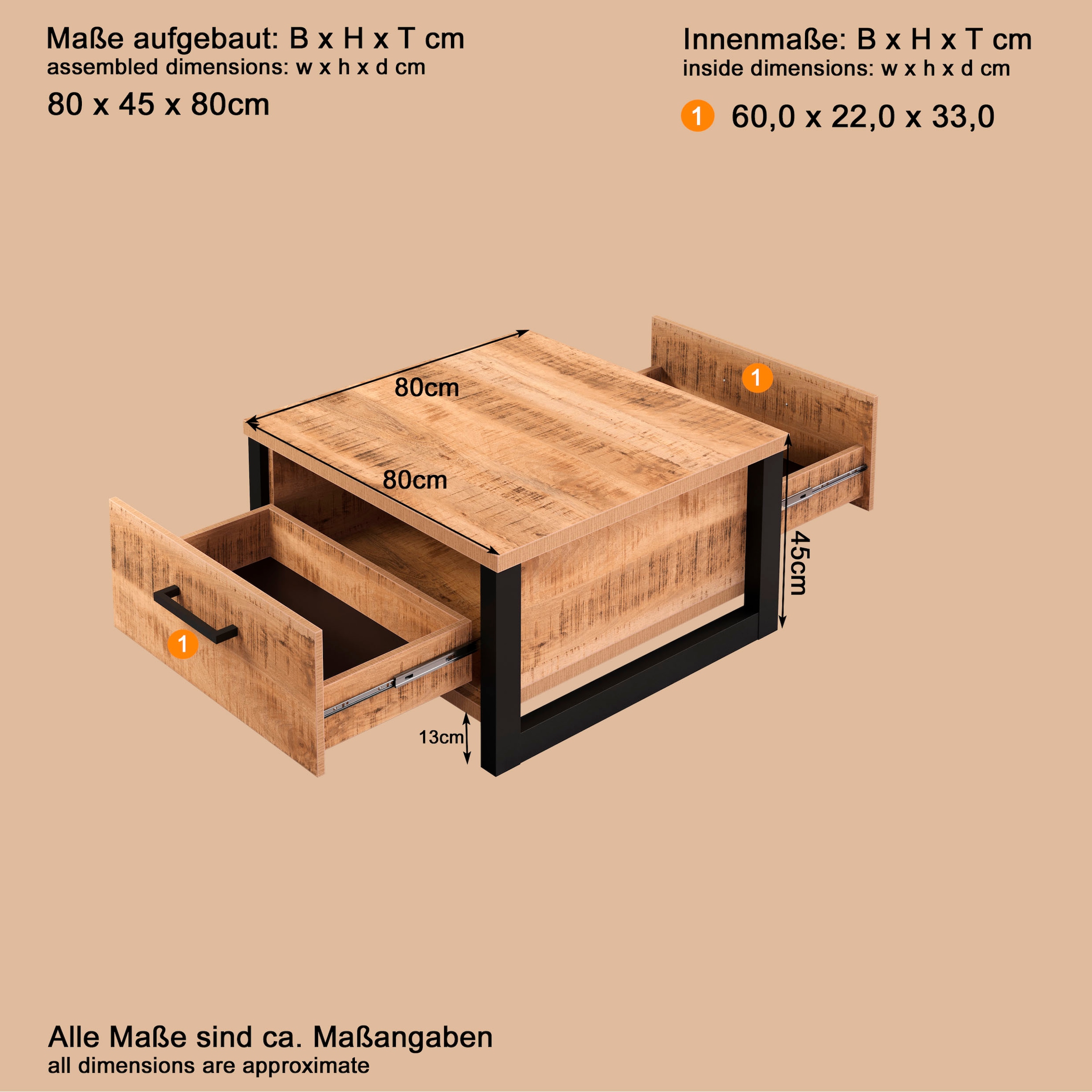 Home affaire Couchtisch »Elda« 1 Stk. tlg. Couchtisch mit 2 Vollauszug Schubladen – (B/T/H) 80/80/45 cm